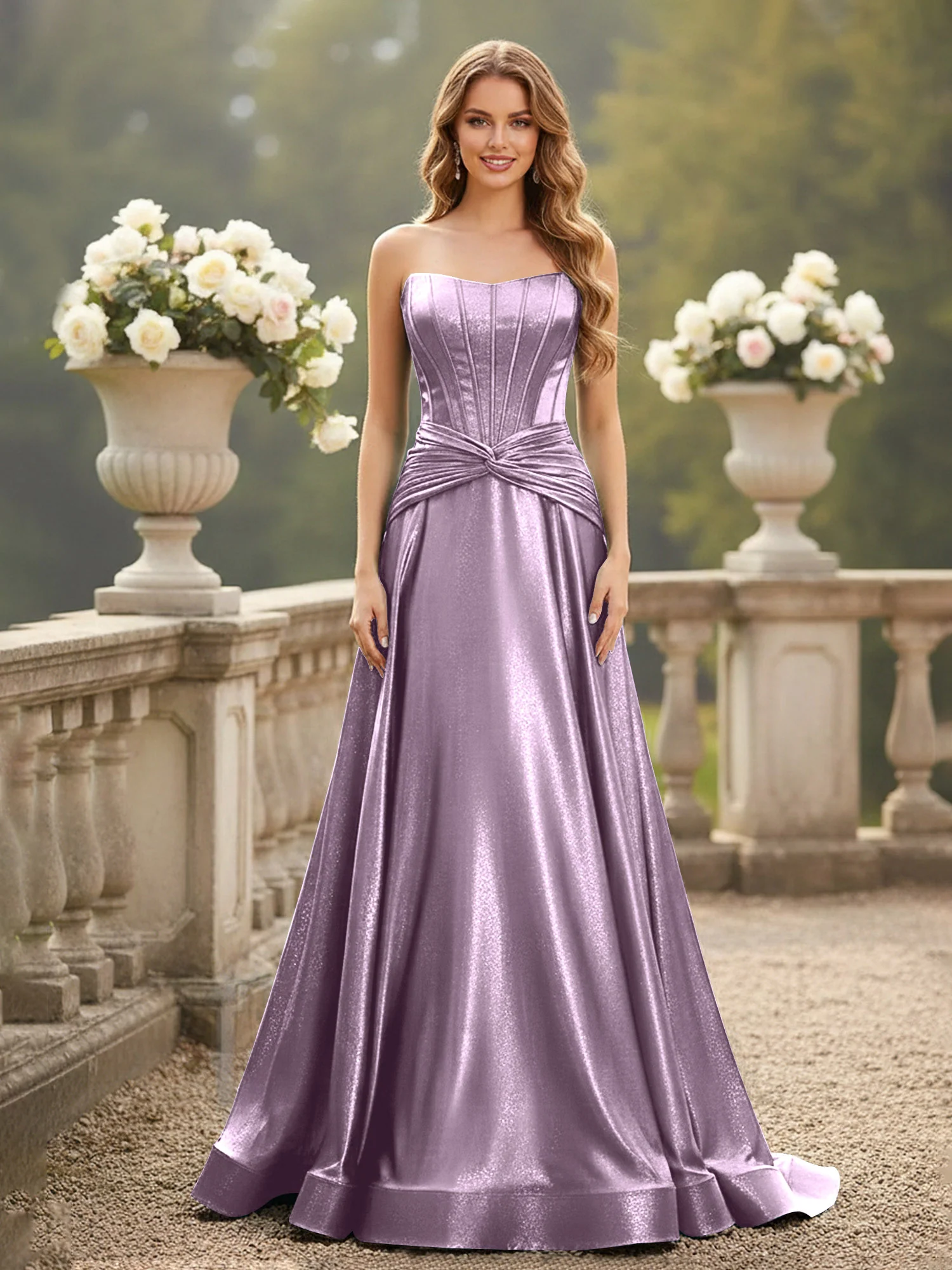 Strapless Pleated A-Line Sweep Train Gown Wisteria