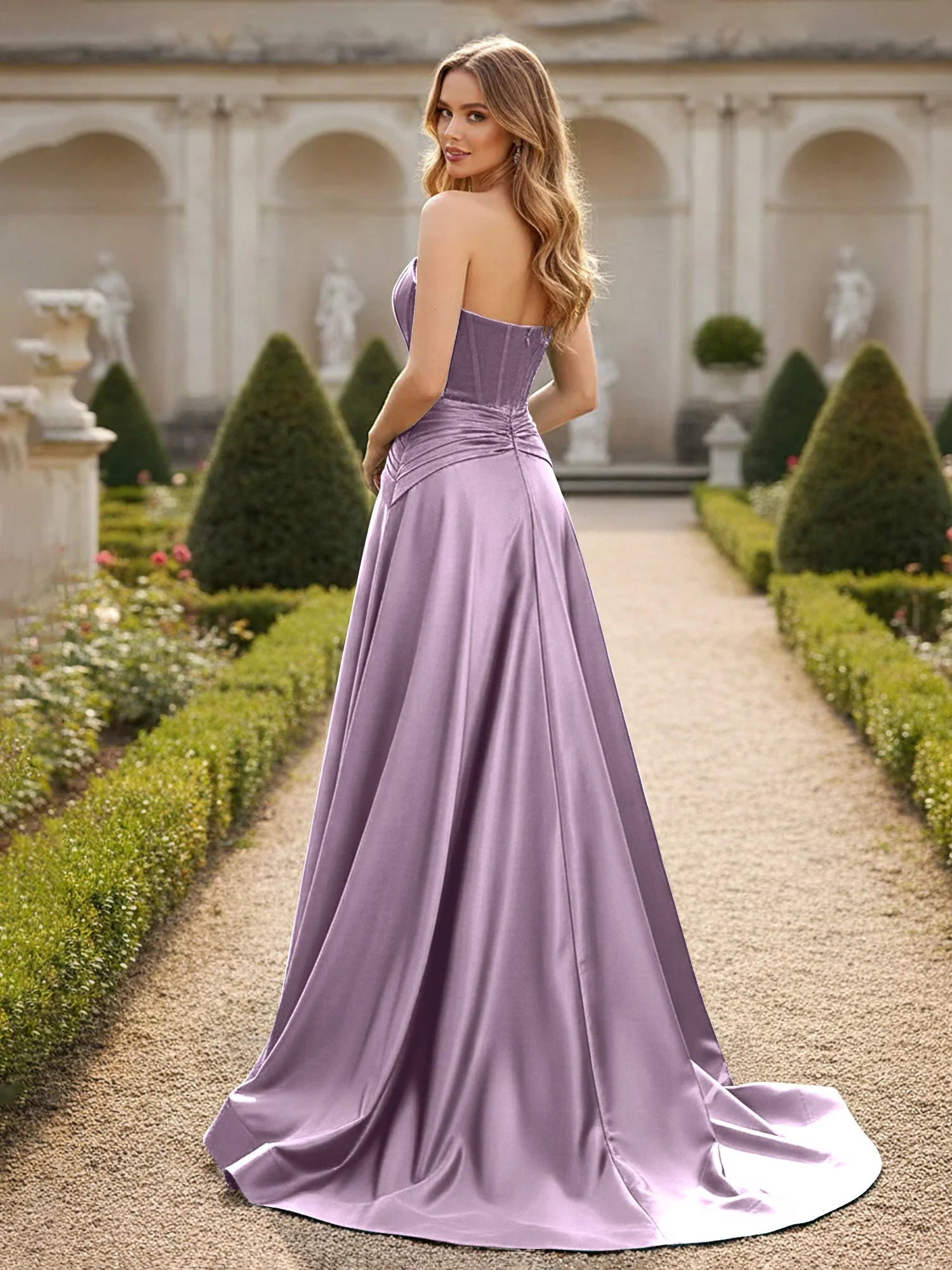 Strapless Pleated A-Line Sweep Train Gown Wisteria - Image 2