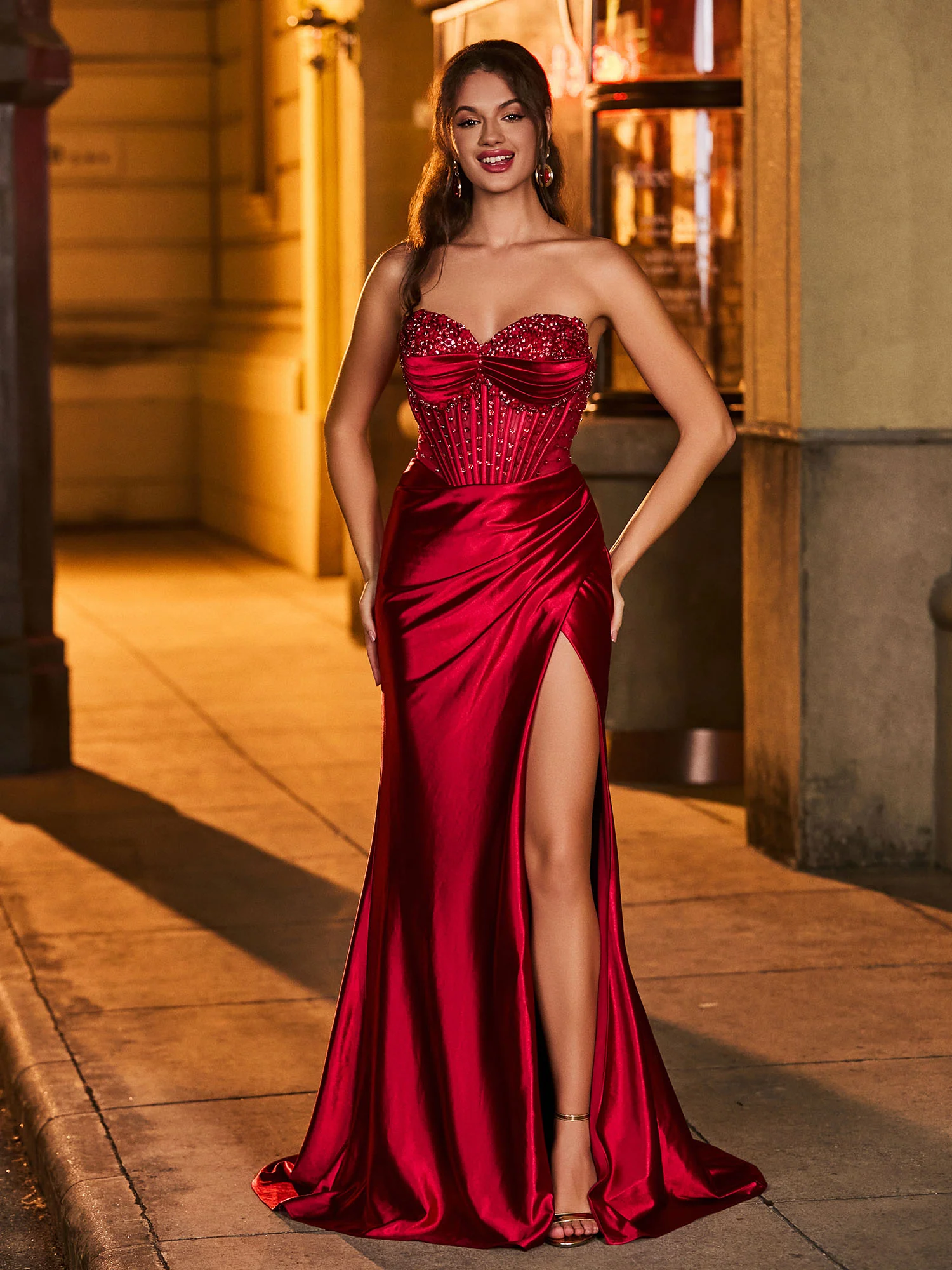 Strapless Sweetheart Beaded High Slit Backless Maxi Dress Burgundy - Image 4