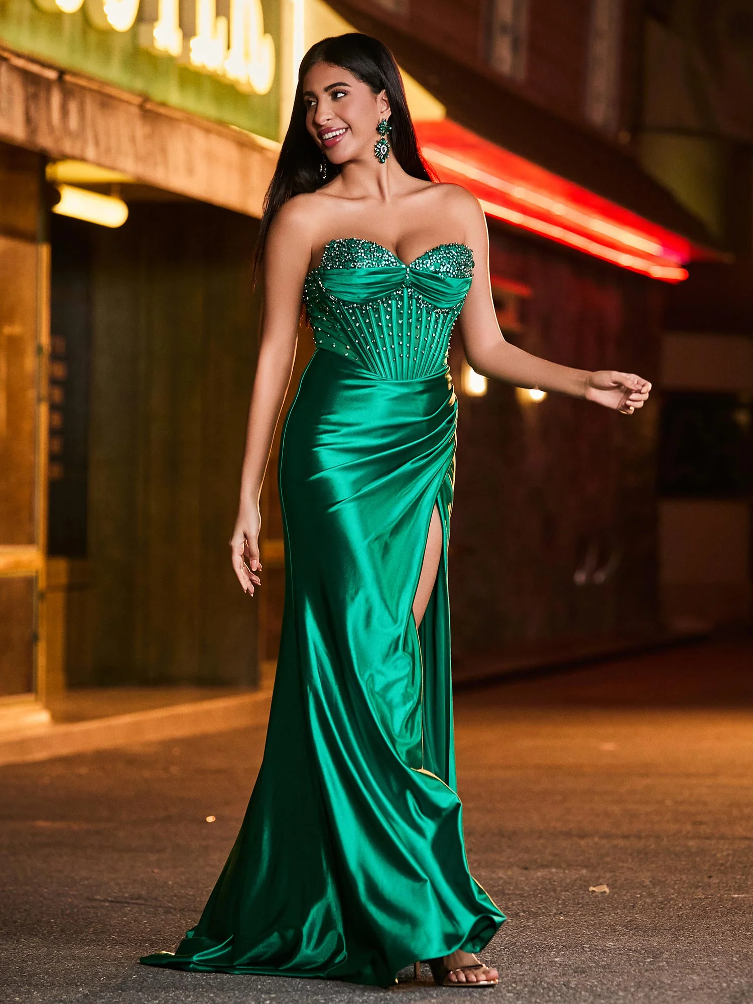 Strapless Sweetheart Beaded High Slit Backless Maxi Dress Dark Green - Image 5