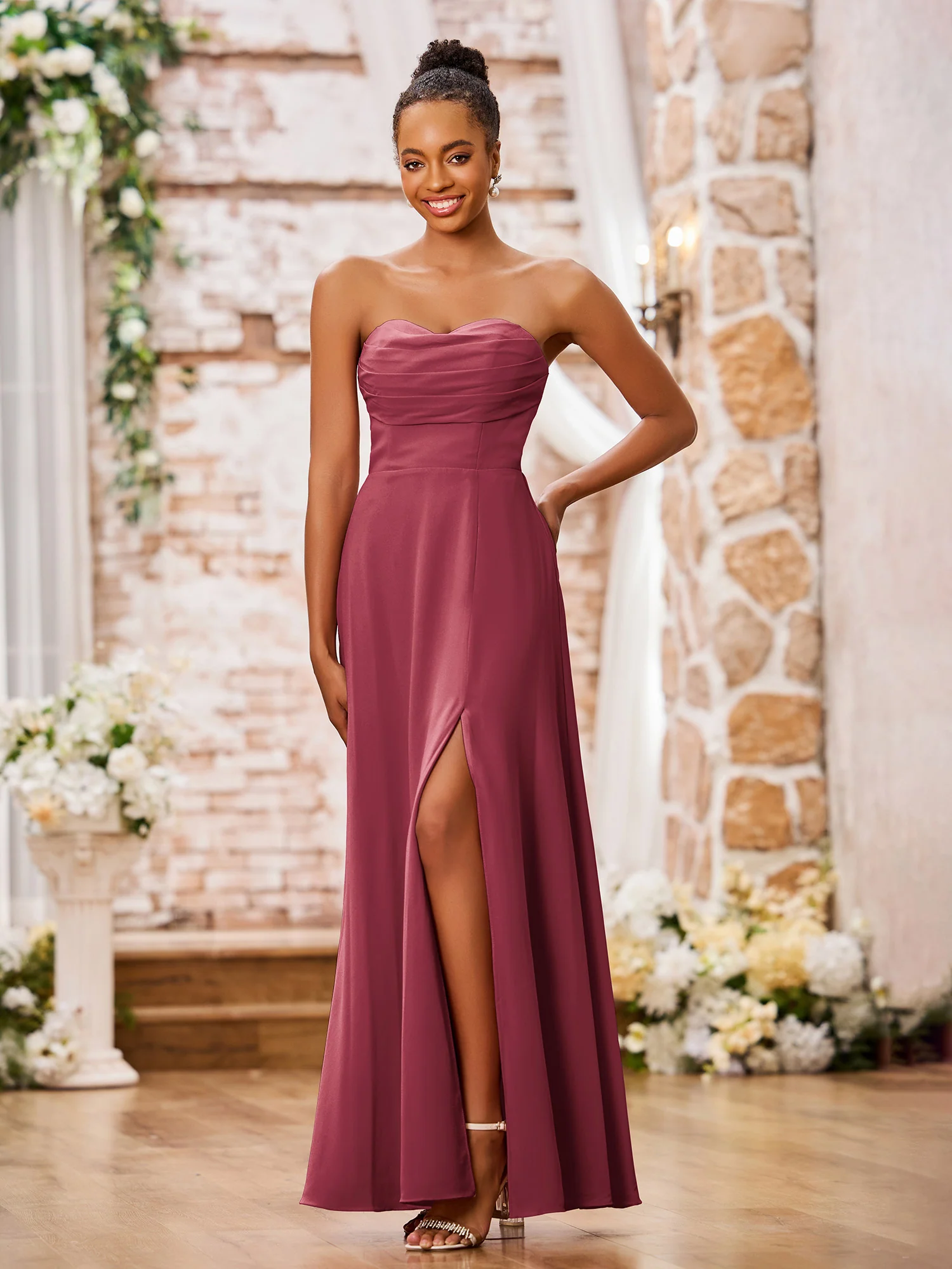 Strapless Sweetheart Neck A-line Chiffon Maxi Dresses Cinnamon Rose