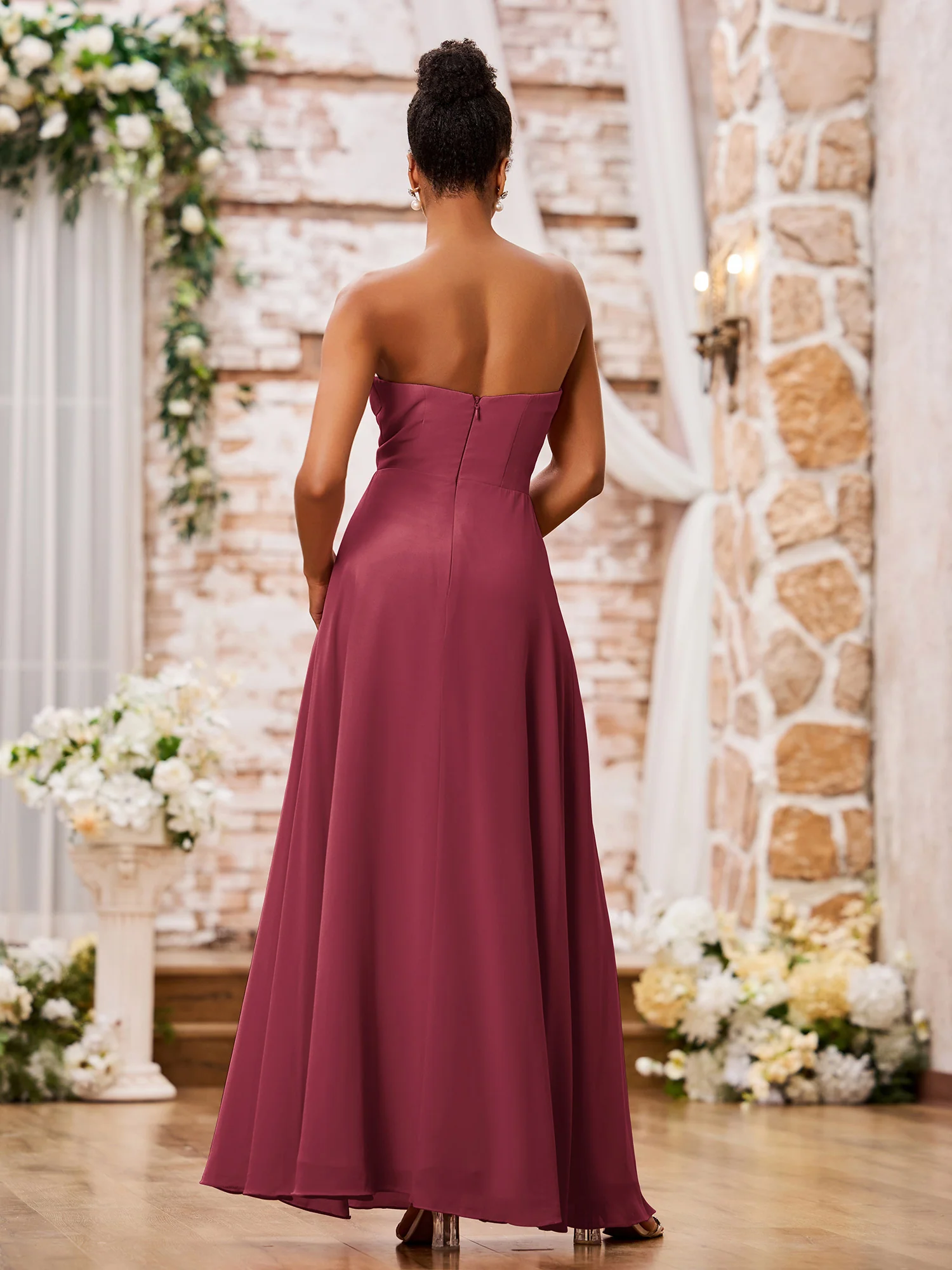Strapless Sweetheart Neck A-line Chiffon Maxi Dresses Cinnamon Rose - Image 2