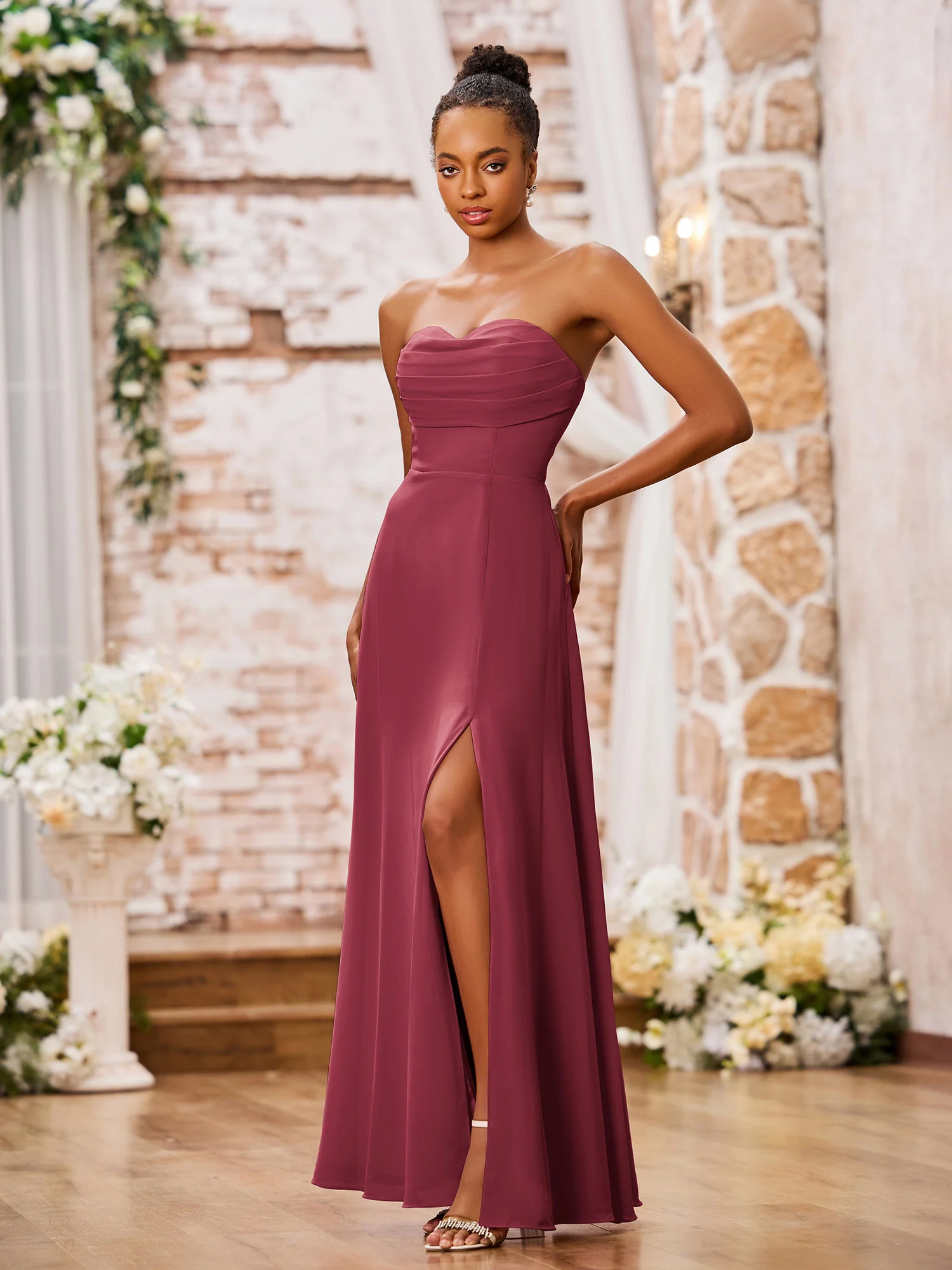 Strapless Sweetheart Neck A-line Chiffon Maxi Dresses Cinnamon Rose - Image 3