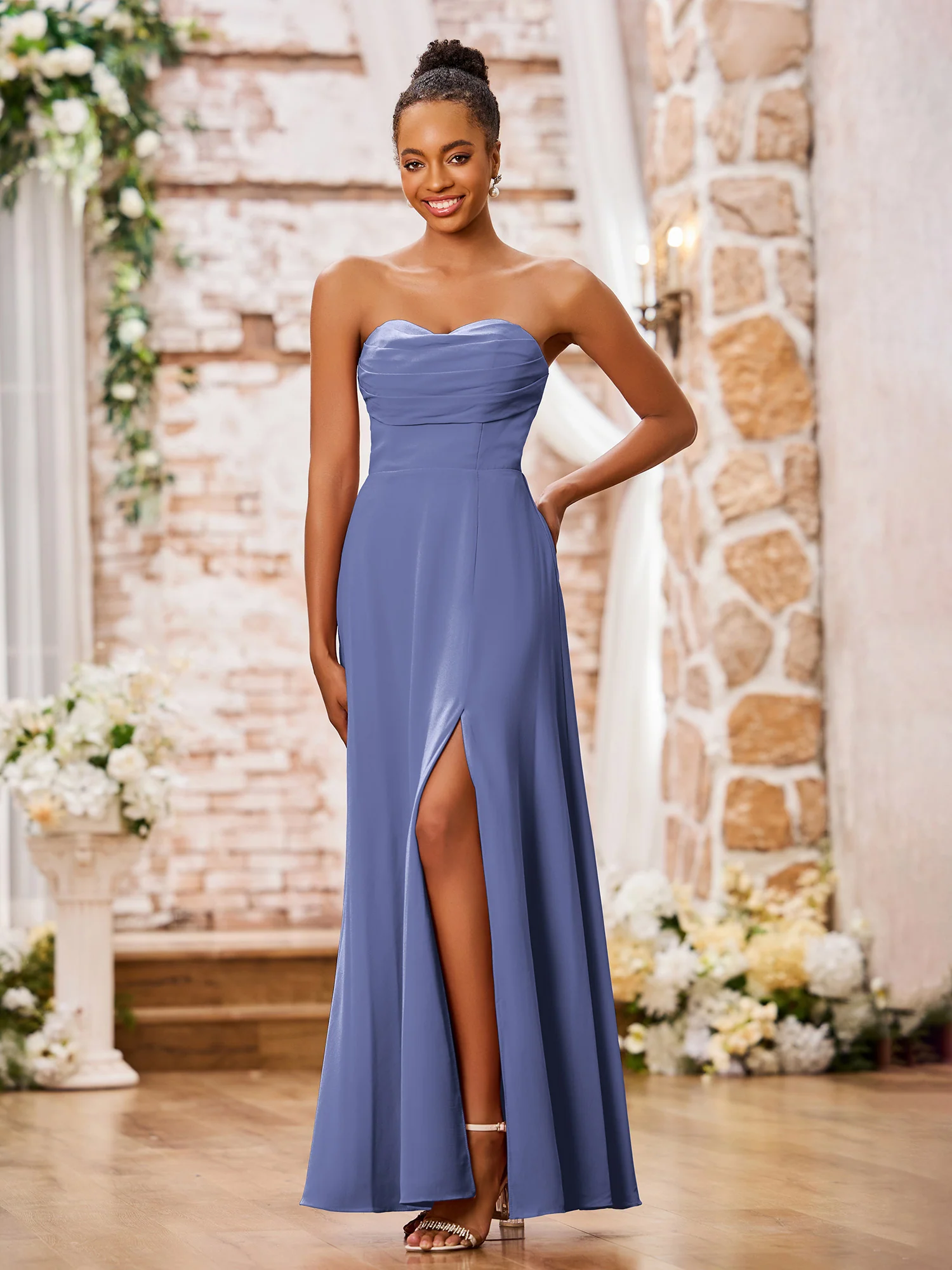 Strapless Sweetheart Neck A-line Chiffon Maxi Dresses Periwinkle