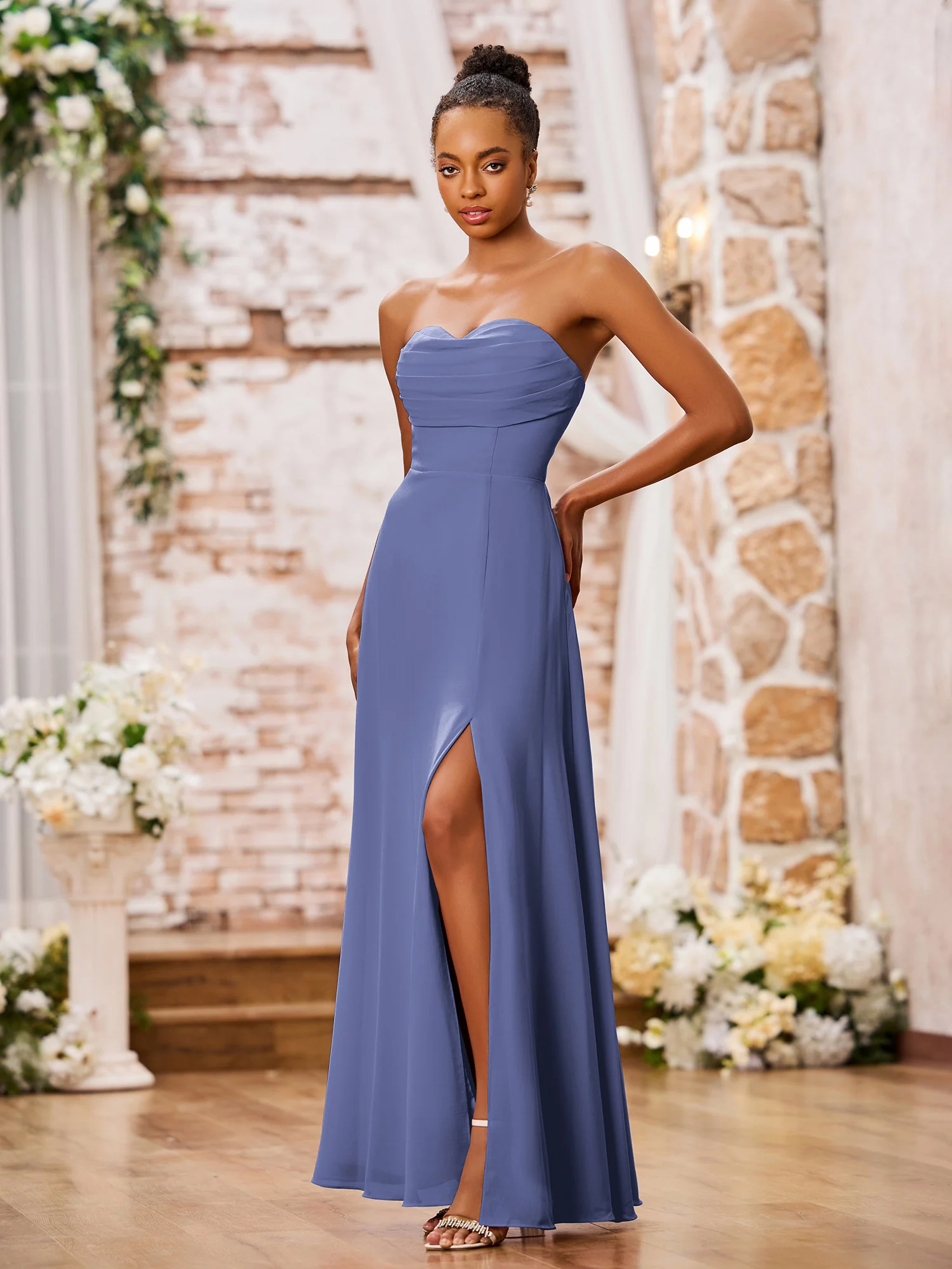 Strapless Sweetheart Neck A-line Chiffon Maxi Dresses Periwinkle - Image 3