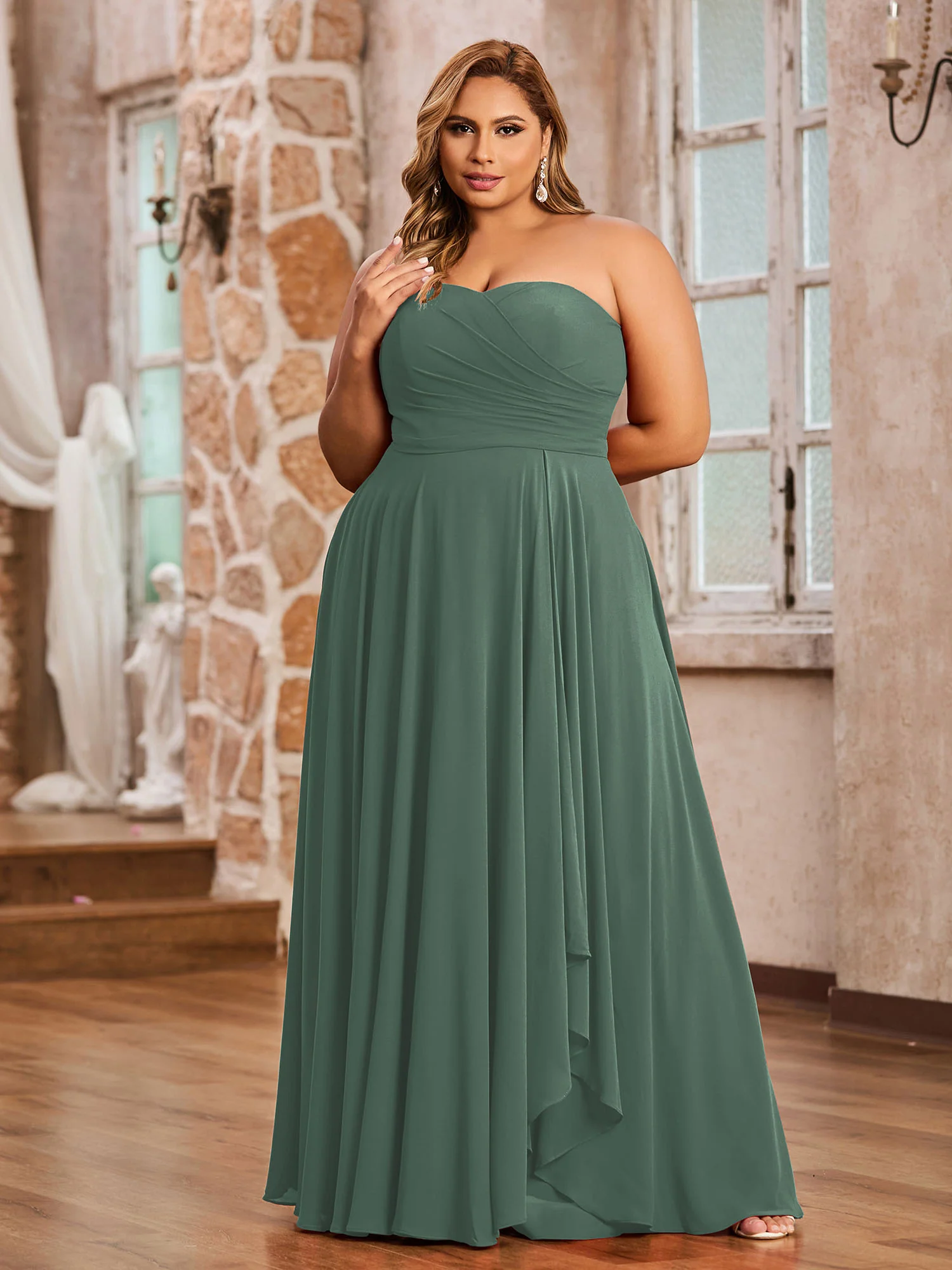 Strapless Sweetheart Neck Chiffon Long Dresses-Eucalyptus - Image 6