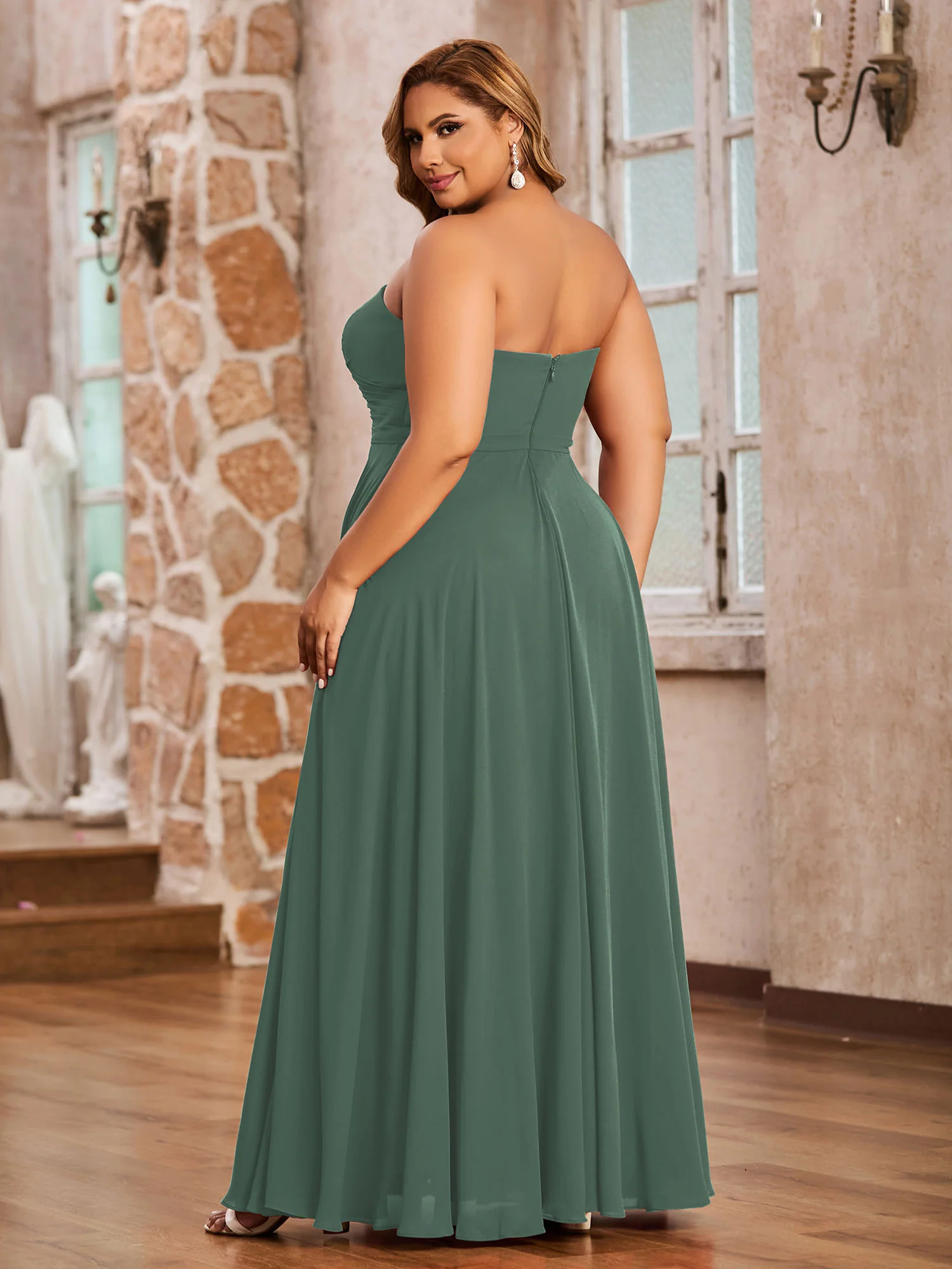 Strapless Sweetheart Neck Chiffon Long Dresses-Eucalyptus - Image 7