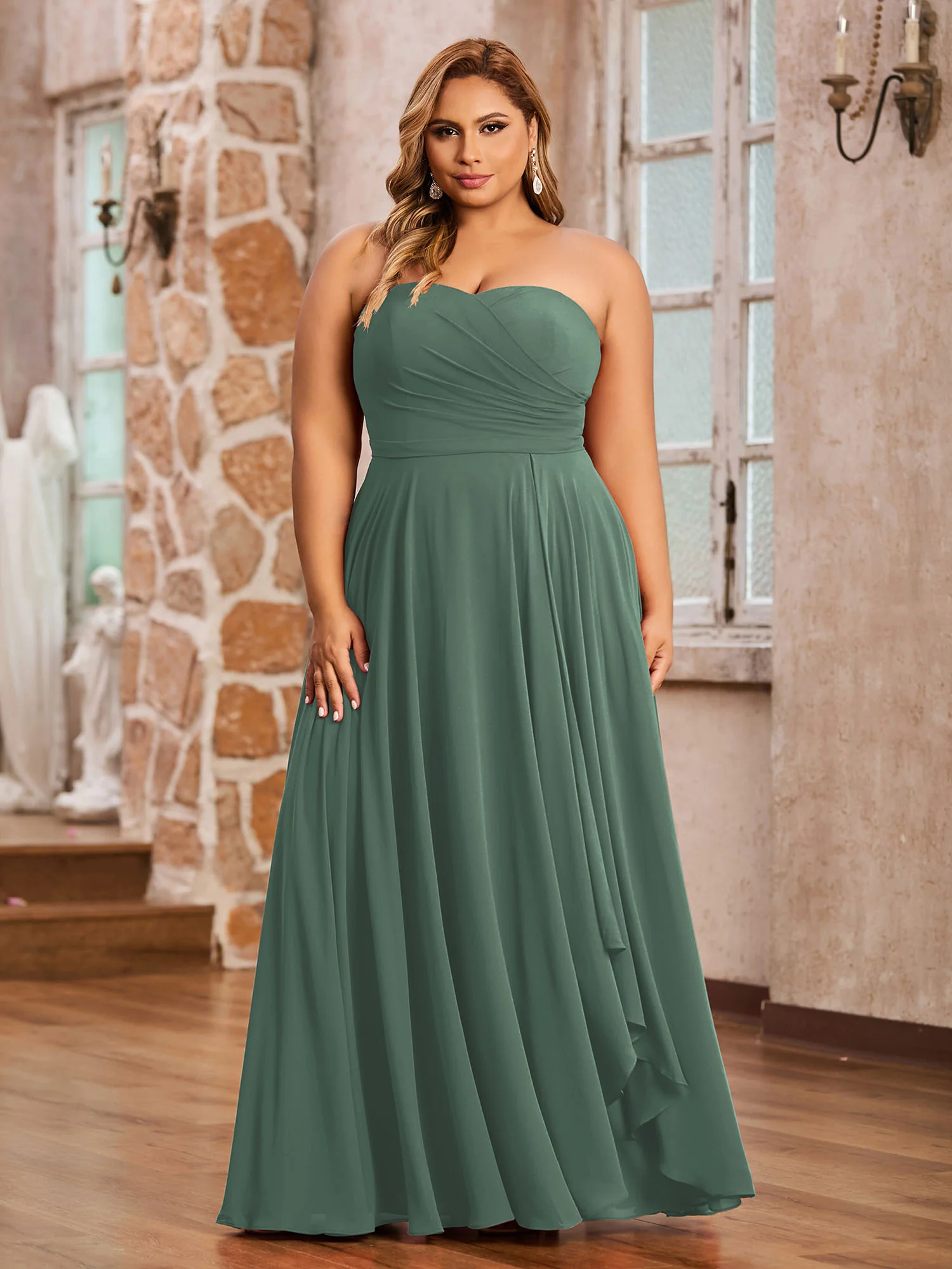 Strapless Sweetheart Neck Chiffon Long Dresses-Eucalyptus - Image 8