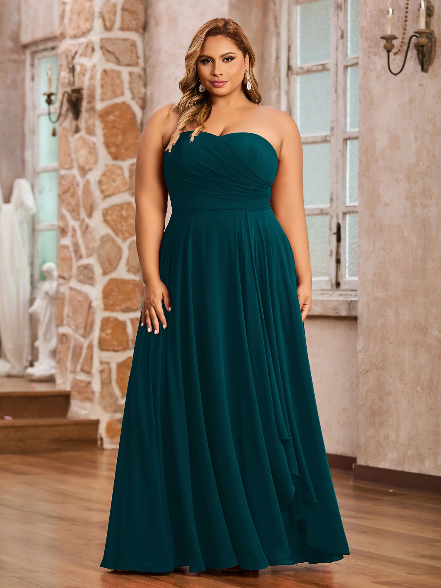 Strapless Sweetheart Neck Chiffon Long Dresses-Pine - Image 8