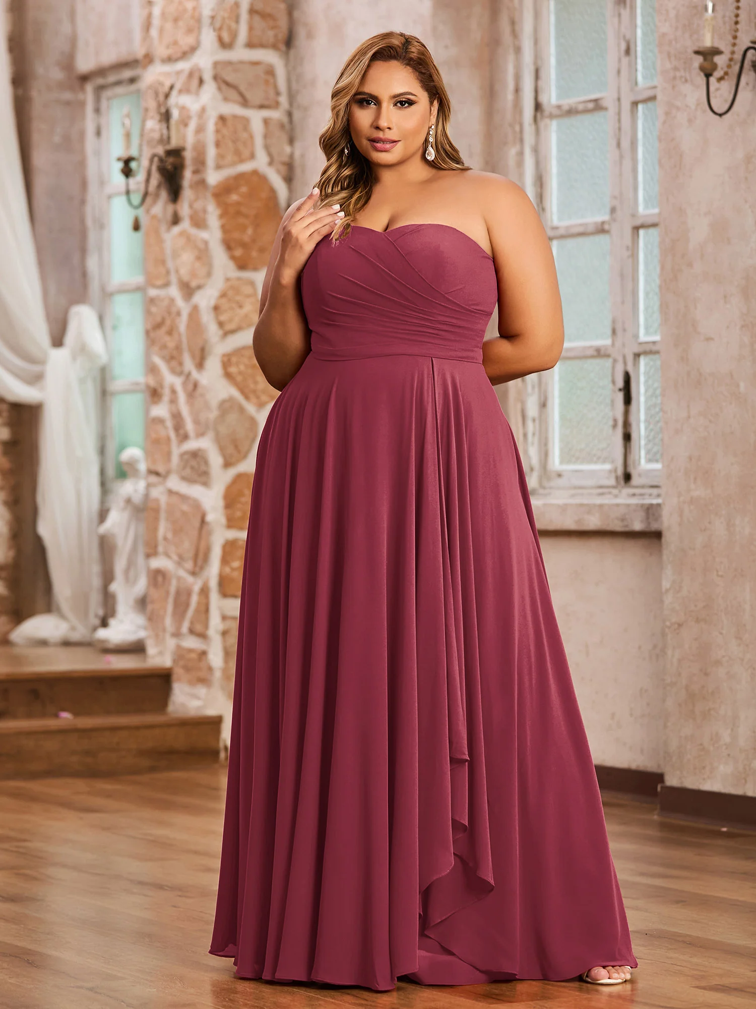 Strapless Sweetheart Neck Chiffon Long Dresses-Cinnamon Rose Plus Size