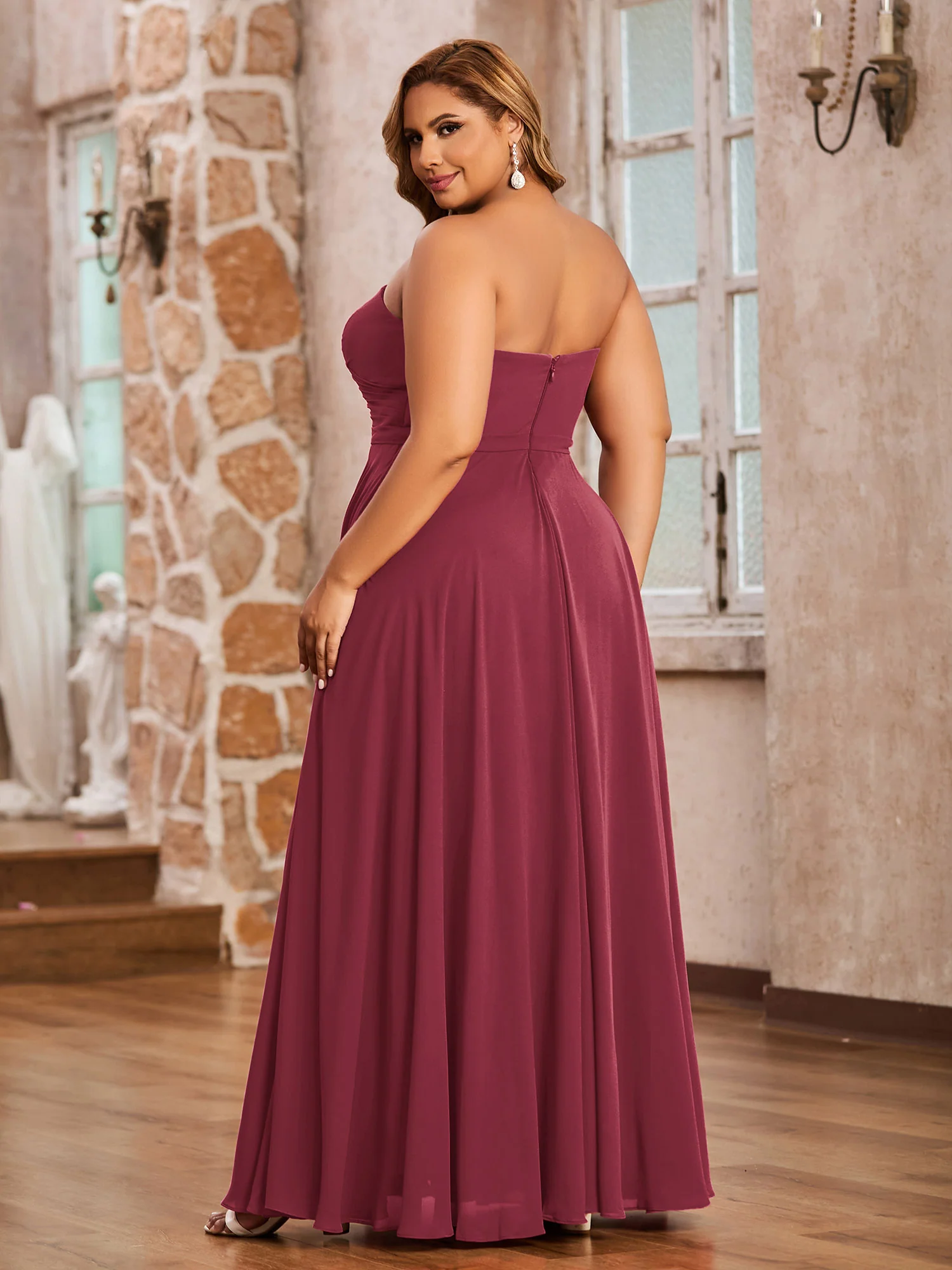 Strapless Sweetheart Neck Chiffon Long Dresses-Cinnamon Rose Plus Size - Image 2