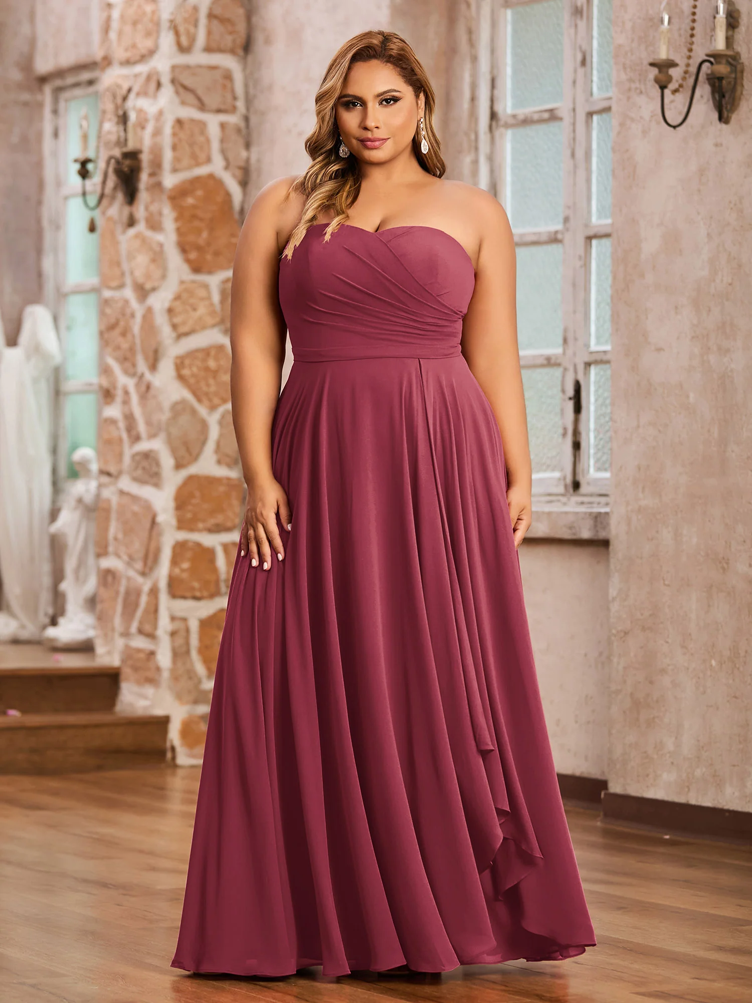 Strapless Sweetheart Neck Chiffon Long Dresses-Cinnamon Rose Plus Size - Image 3