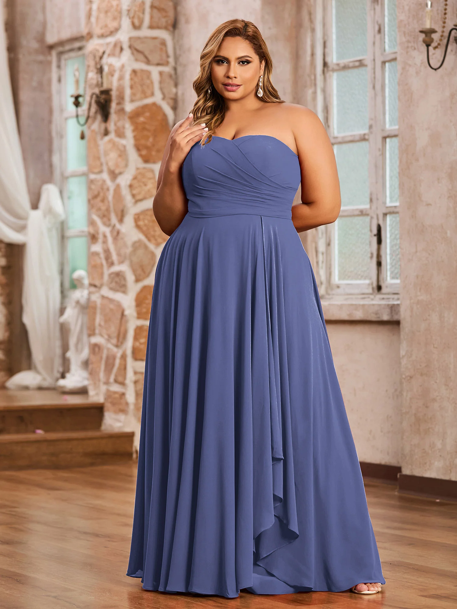 Strapless Sweetheart Neck Chiffon Long Dresses-Periwinkle