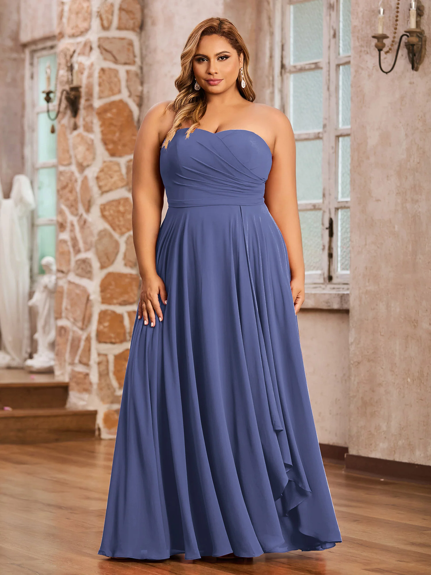 Strapless Sweetheart Neck Chiffon Long Dresses-Periwinkle - Image 3