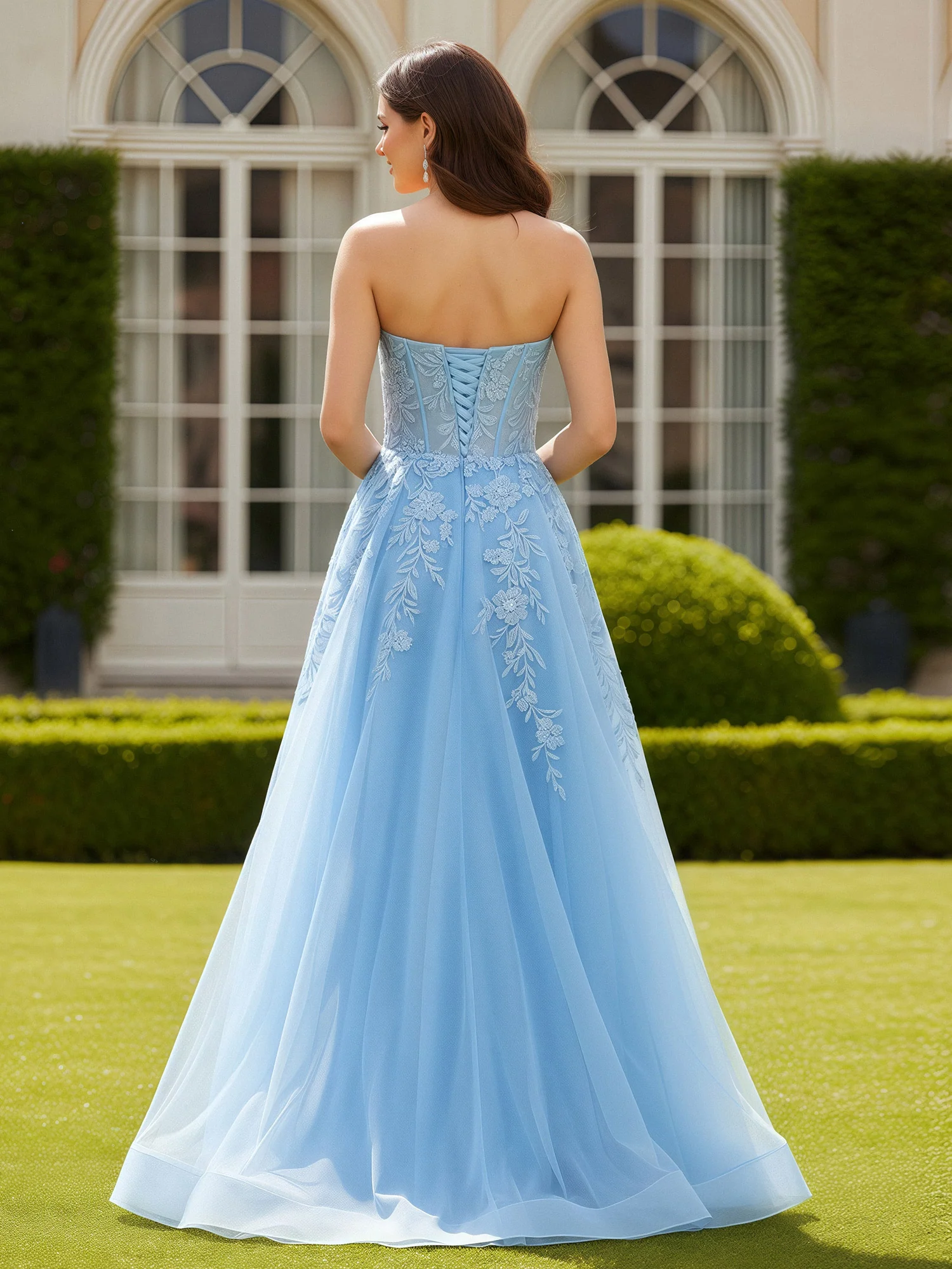 Sweetheart Applique Corset A-Line Tulle Long Dress Sky Blue - Image 2