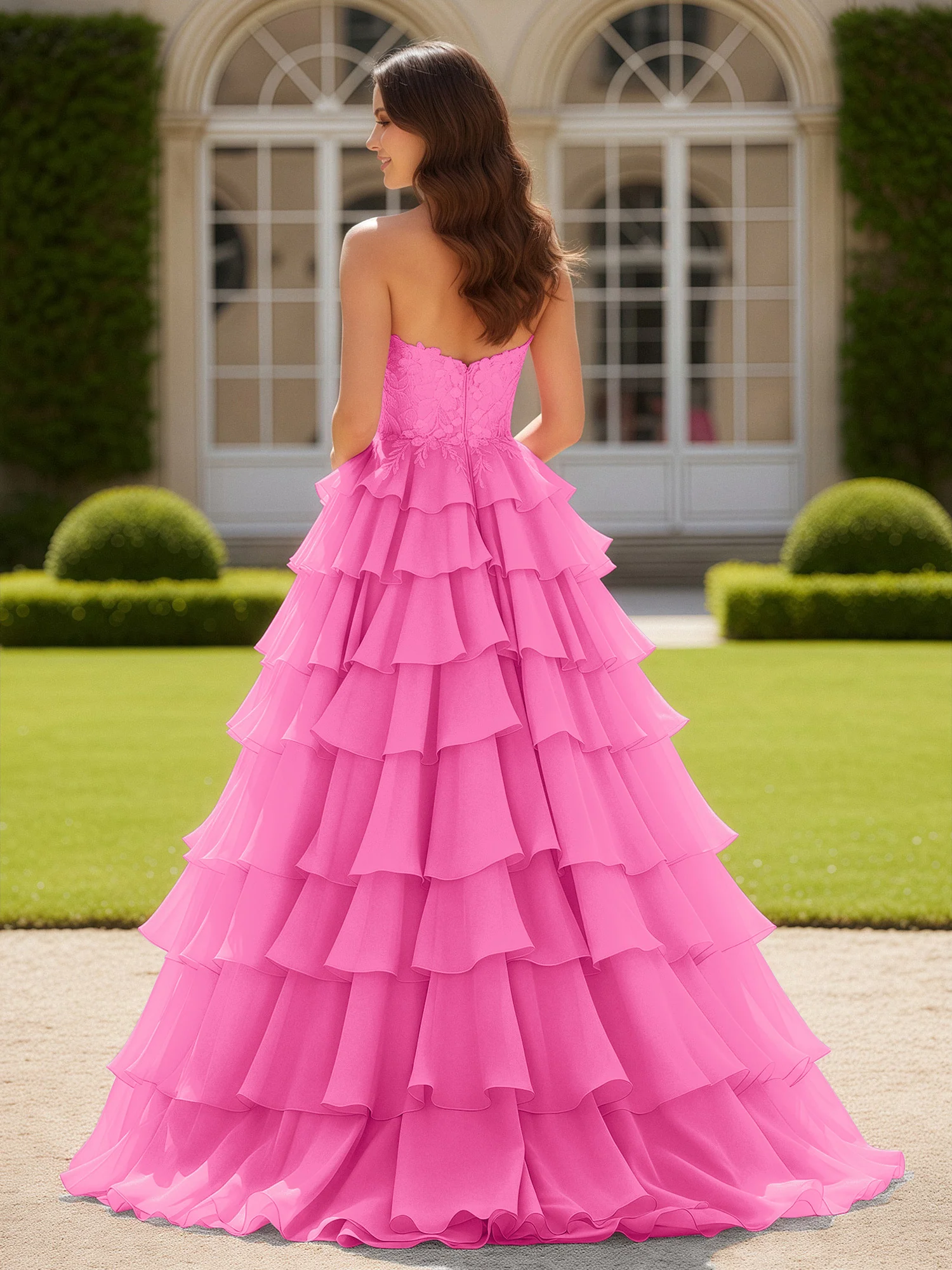 Sweetheart Applique Corset Tiered Chiffon Ball Gown Azalea - Image 2