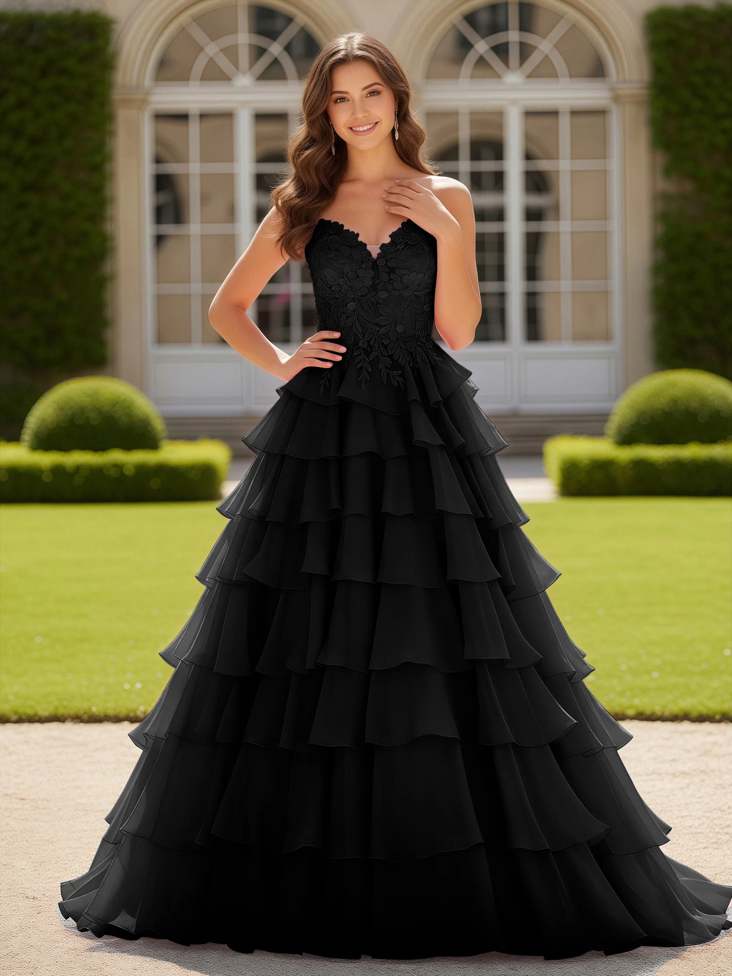 Sweetheart Applique Corset Tiered Chiffon Ball Gown Black
