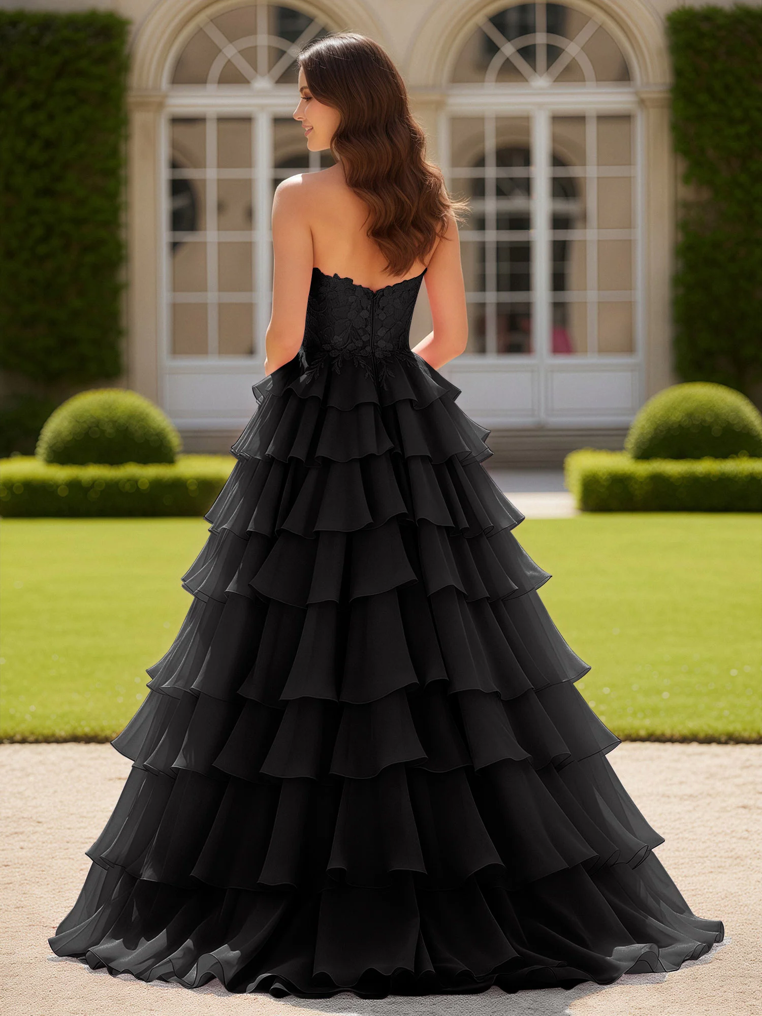 Sweetheart Applique Corset Tiered Chiffon Ball Gown Black - Image 2