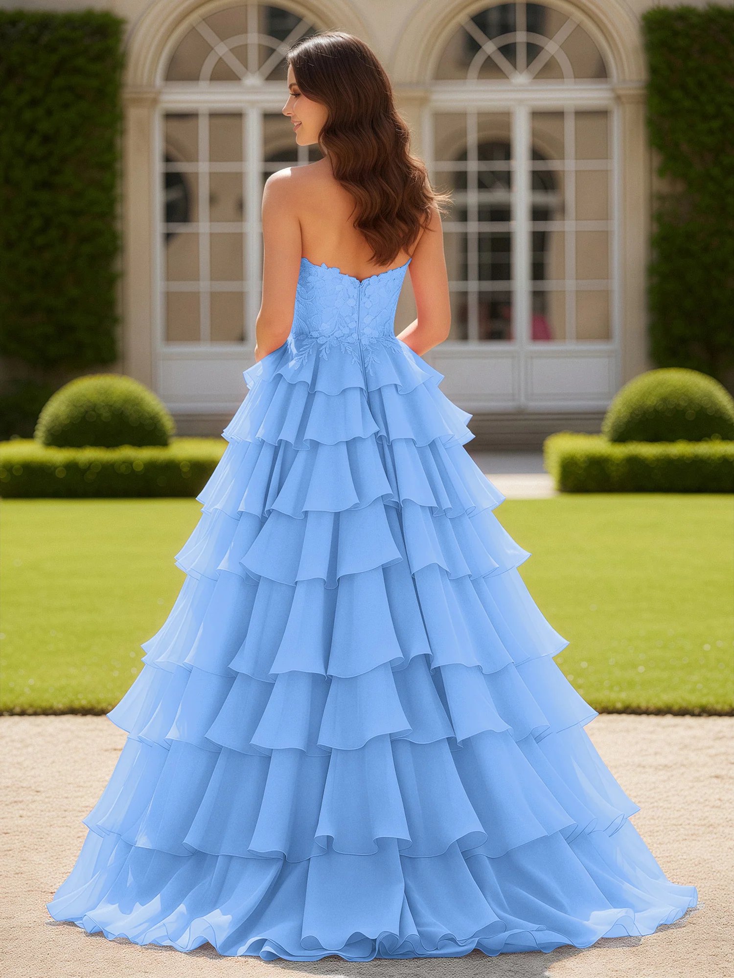 Sweetheart Applique Corset Tiered Chiffon Ball Gown Blue - Image 2