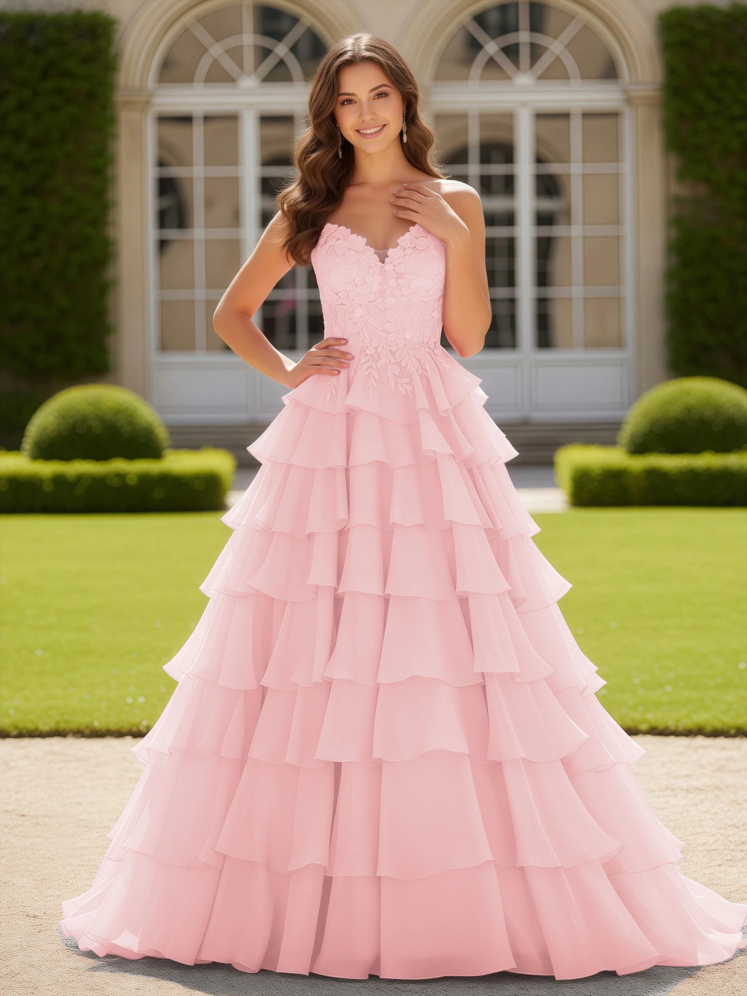 Sweetheart Applique Corset Tiered Chiffon Ball Gown Blushing Pink