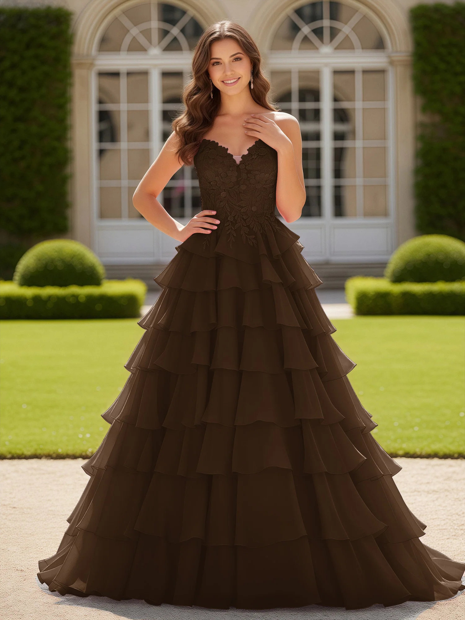 Sweetheart Applique Corset Tiered Chiffon Ball Gown Brown
