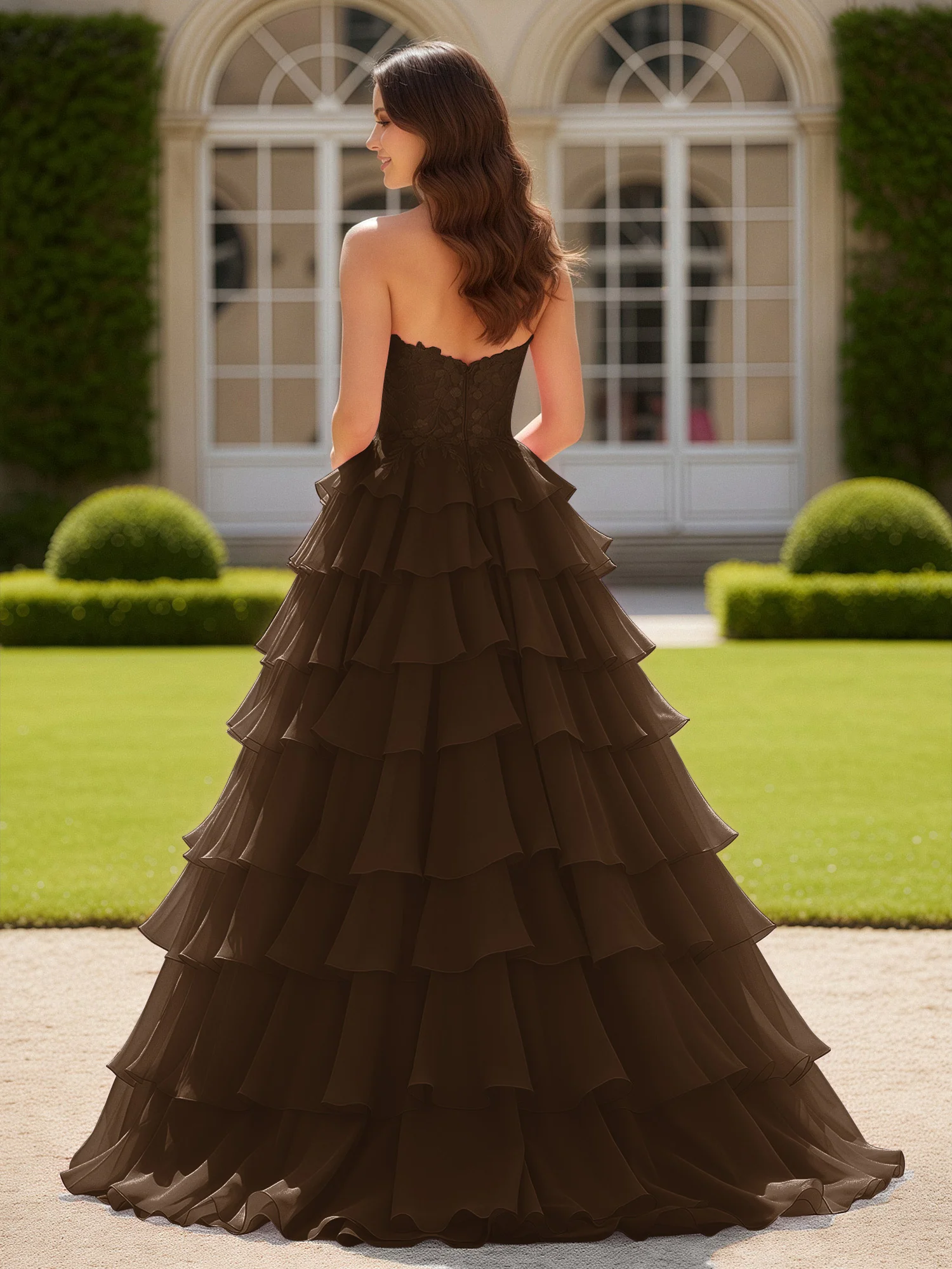 Sweetheart Applique Corset Tiered Chiffon Ball Gown Brown - Image 2