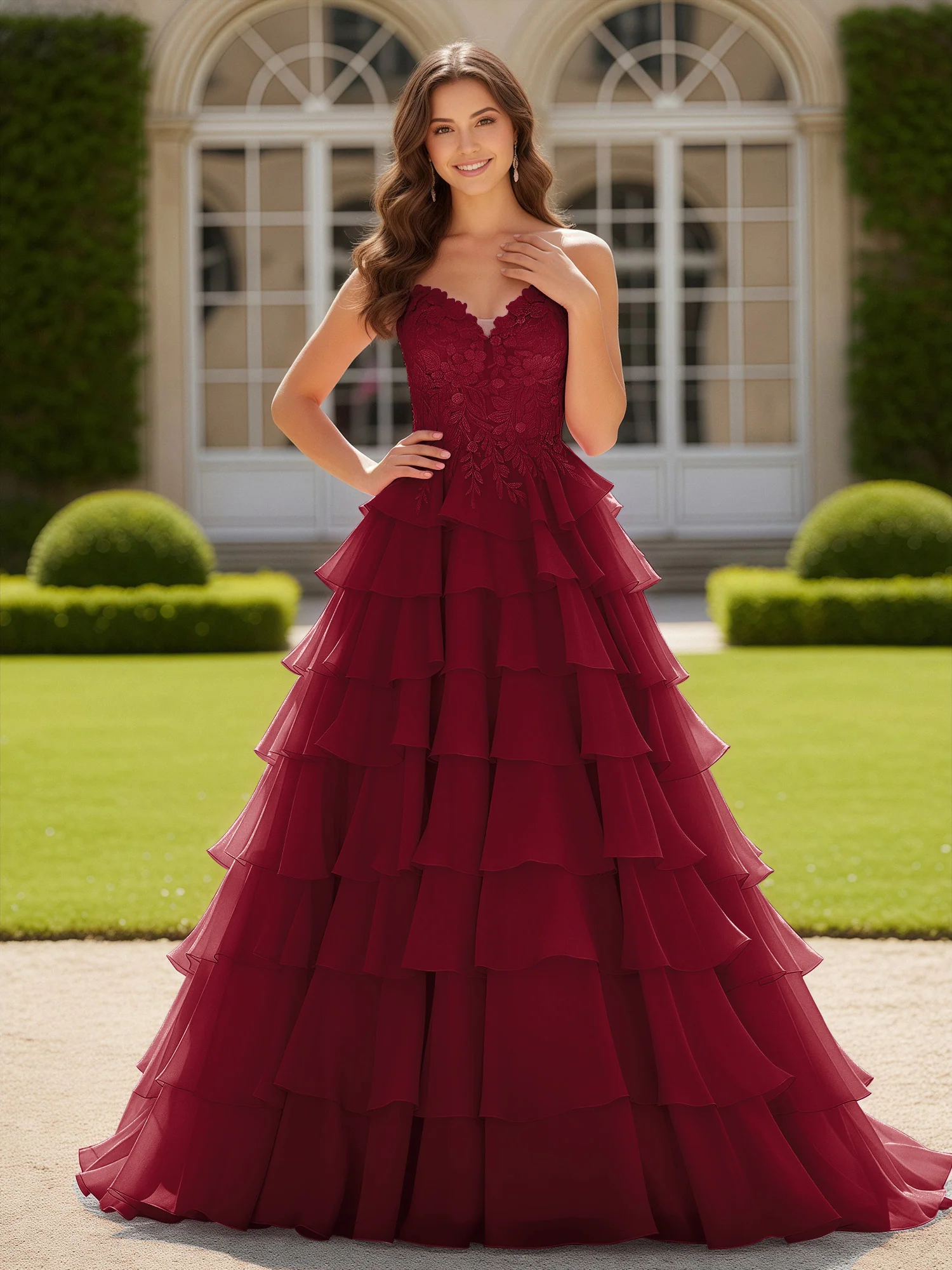 Sweetheart Applique Corset Tiered Chiffon Ball Gown Burgundy