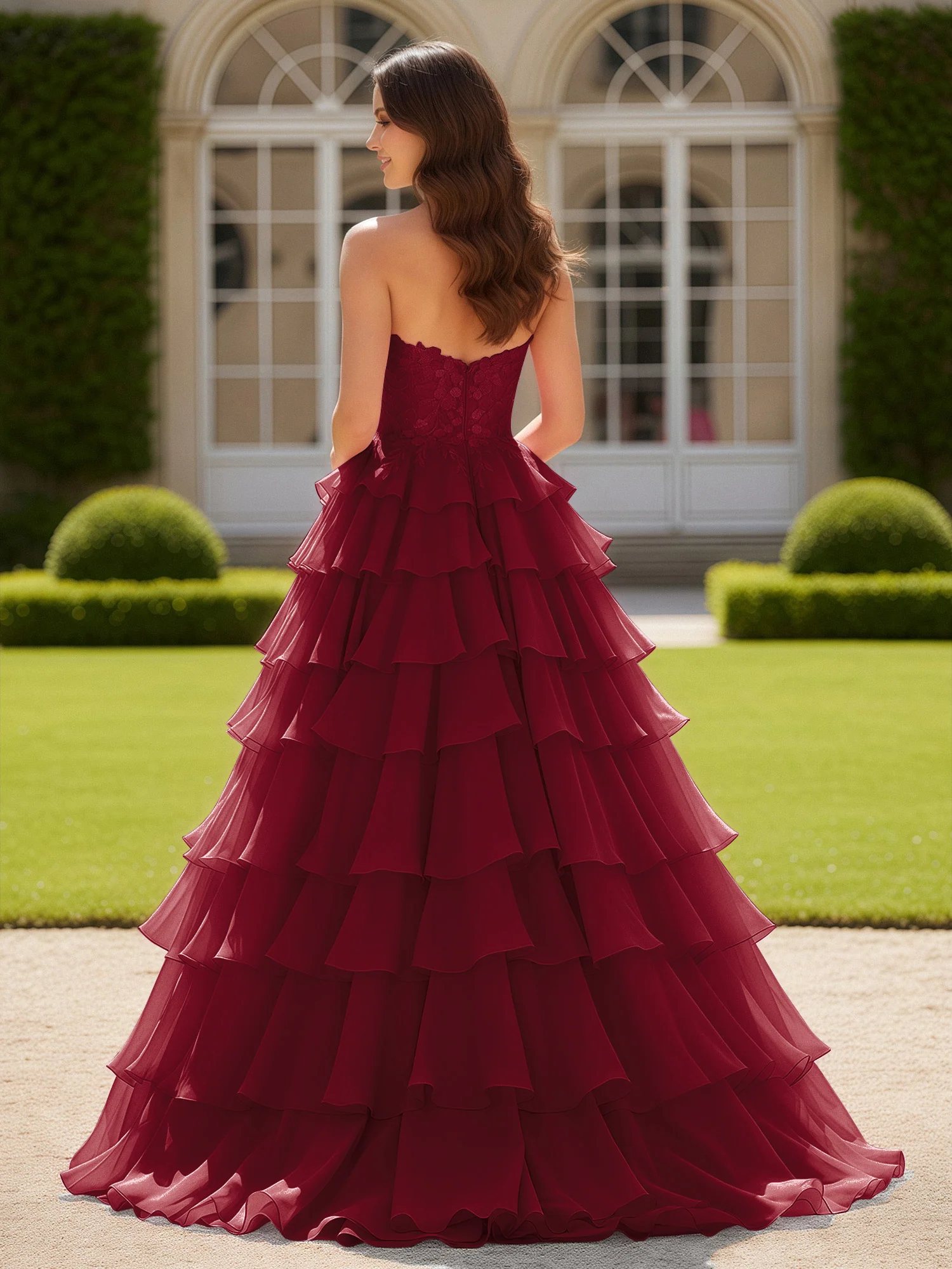 Sweetheart Applique Corset Tiered Chiffon Ball Gown Burgundy - Image 2