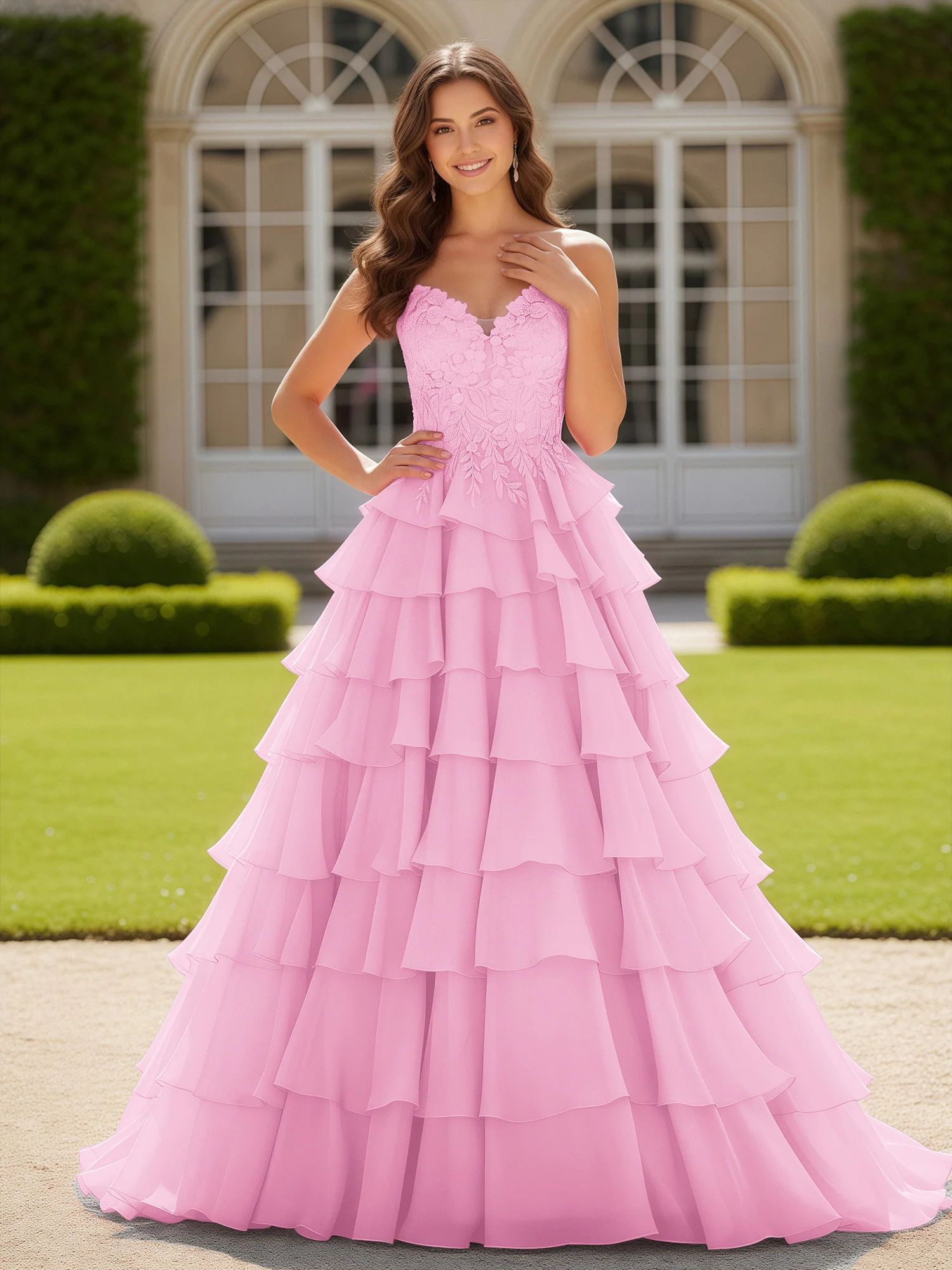 Sweetheart Applique Corset Tiered Chiffon Ball Gown Candy Pink