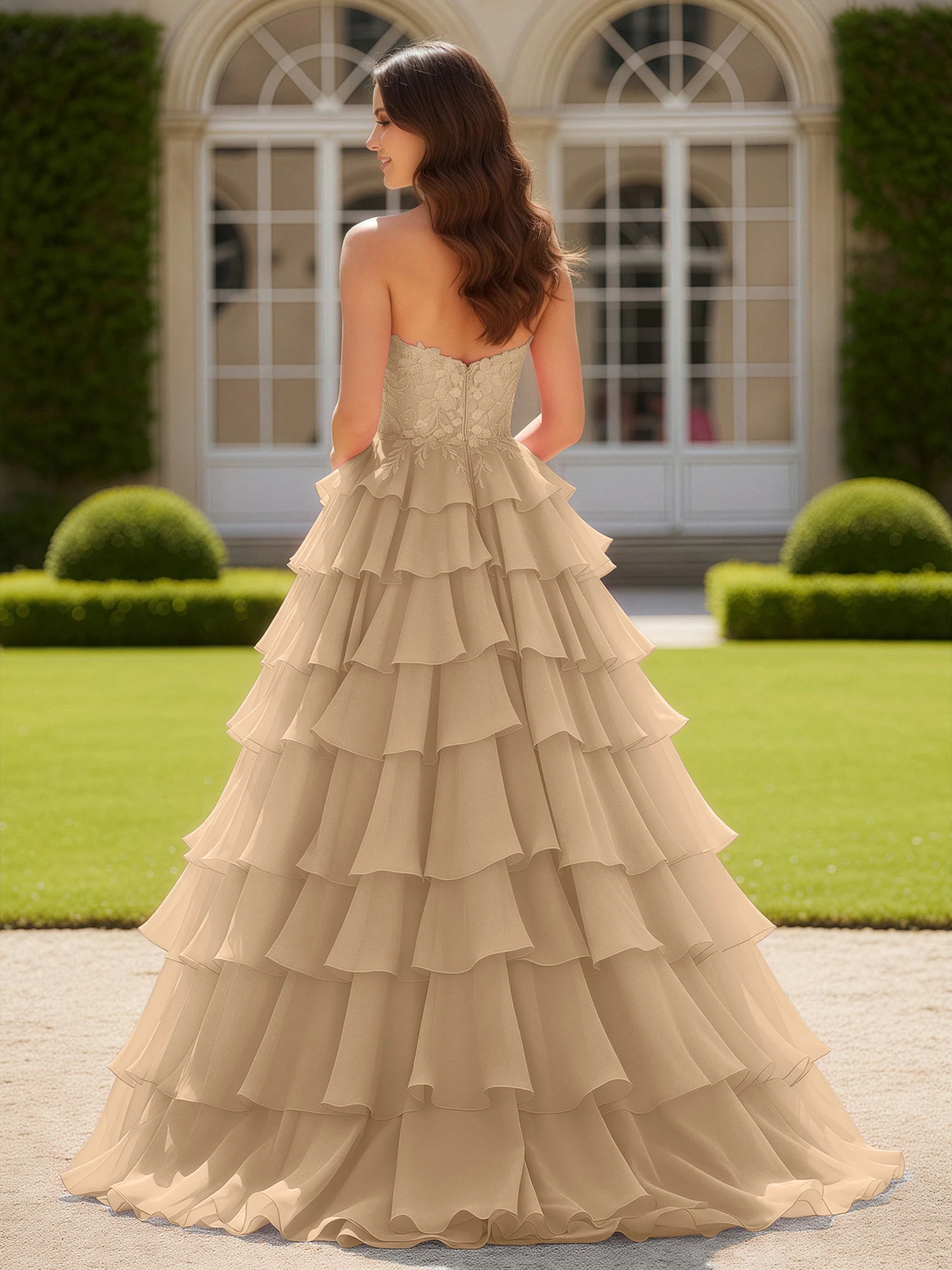 Sweetheart Applique Corset Tiered Chiffon Ball Gown Champagne - Image 2