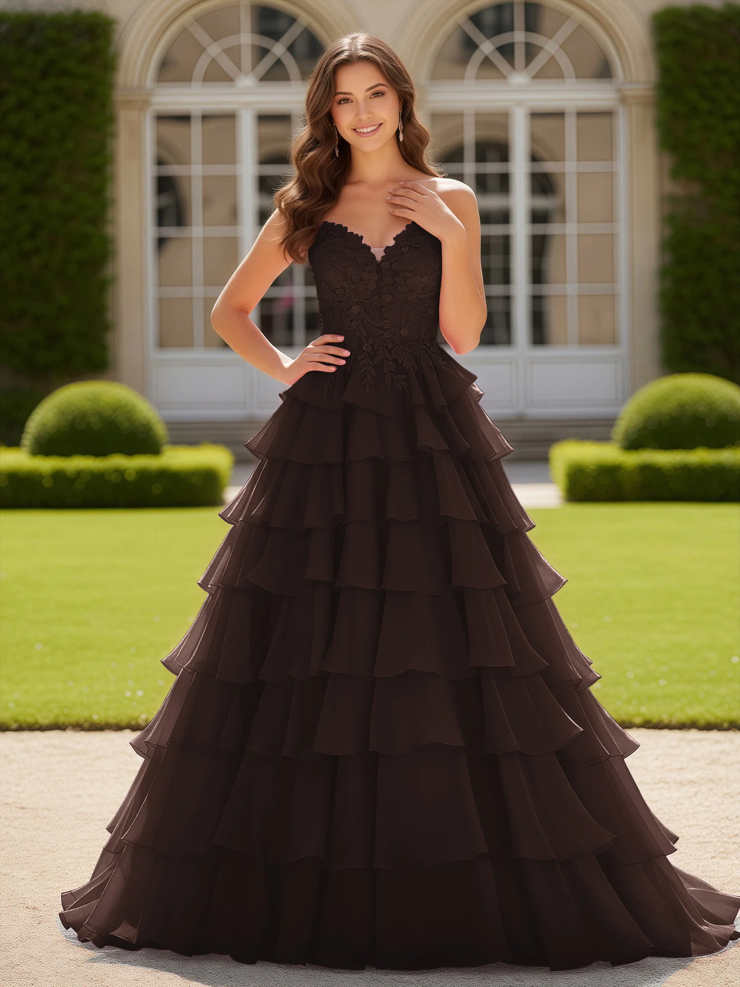 Sweetheart Applique Corset Tiered Chiffon Ball Gown Chocolate