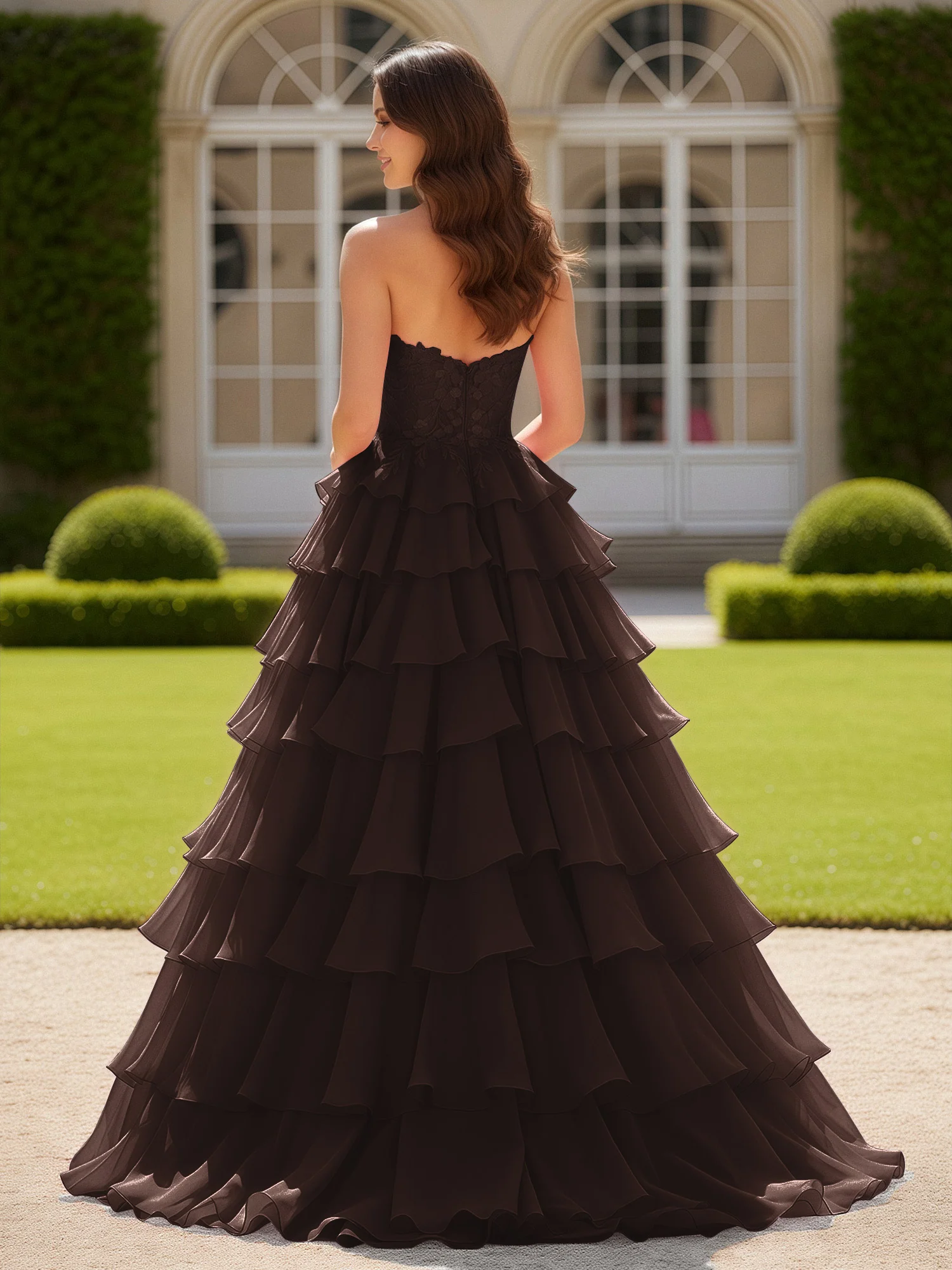 Sweetheart Applique Corset Tiered Chiffon Ball Gown Chocolate - Image 2
