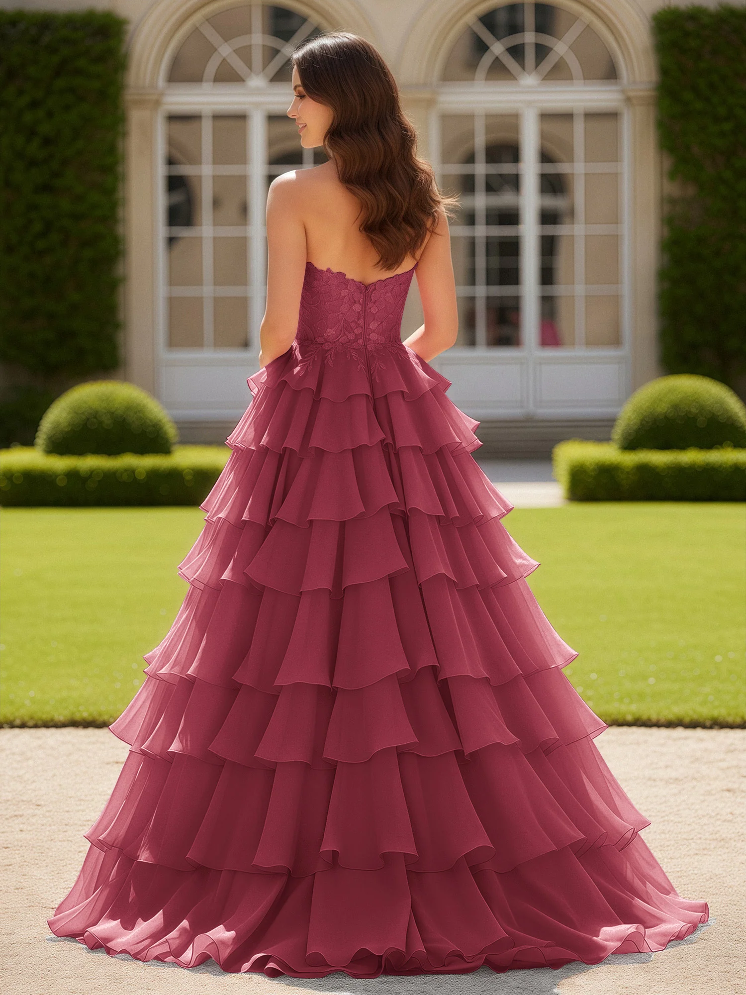 Sweetheart Applique Corset Tiered Chiffon Ball Gown Cinnamon Rose - Image 2
