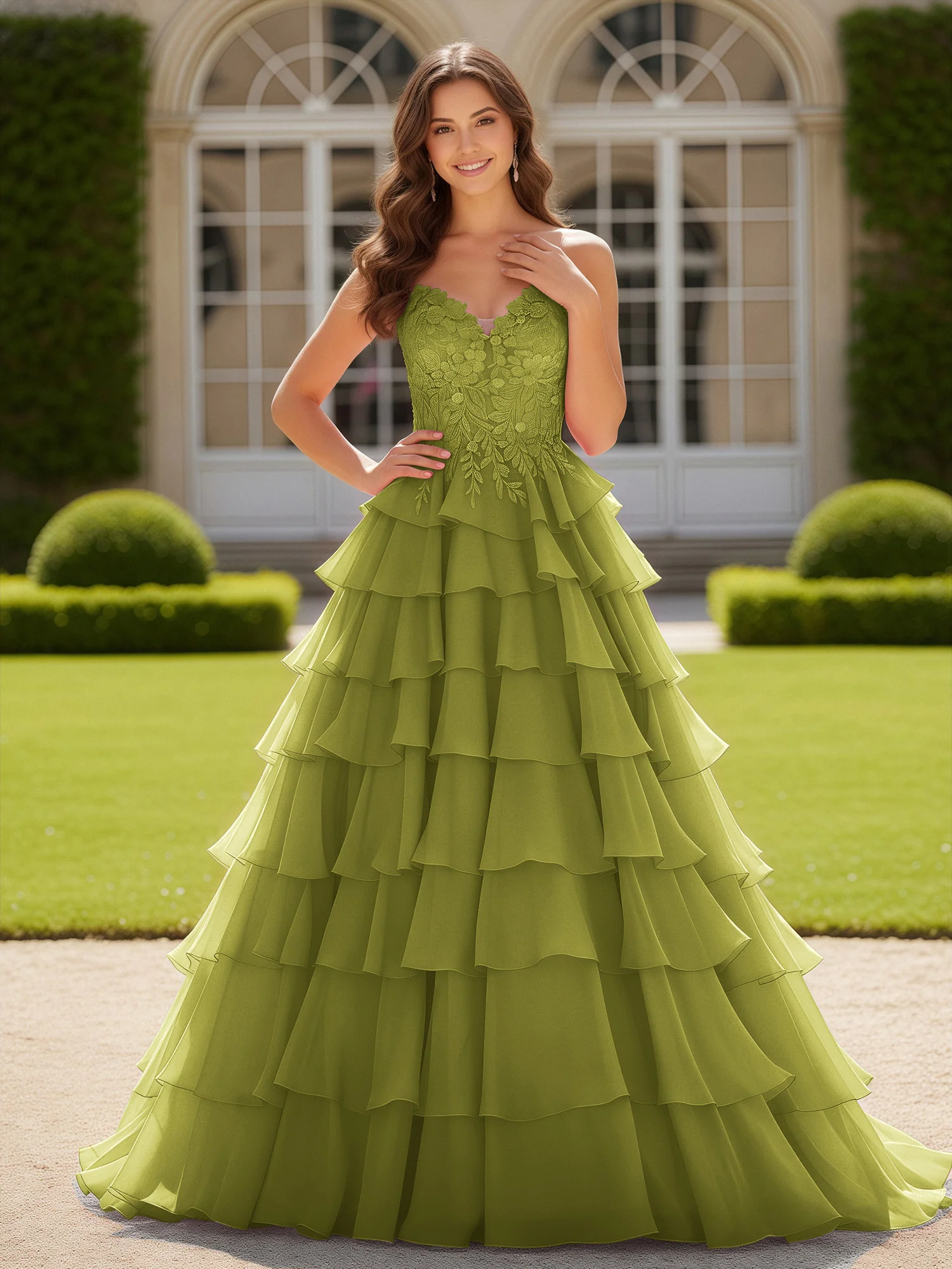 Sweetheart Applique Corset Tiered Chiffon Ball Gown Clover