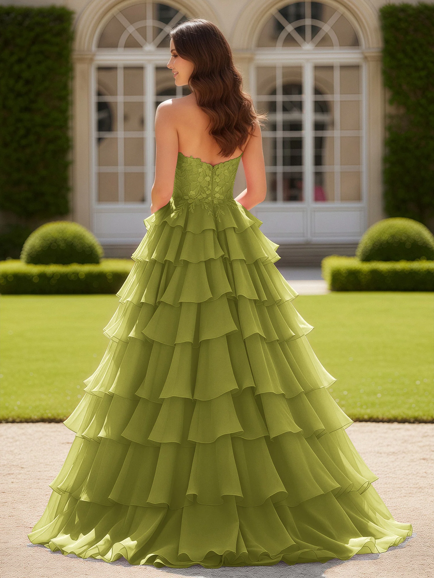 Sweetheart Applique Corset Tiered Chiffon Ball Gown Clover - Image 2