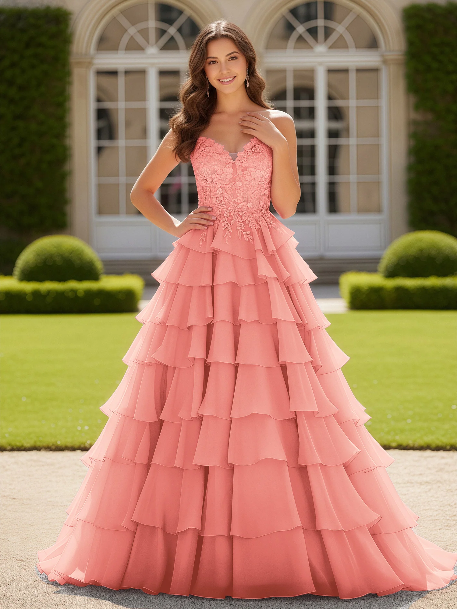 Sweetheart Applique Corset Tiered Chiffon Ball Gown Coral