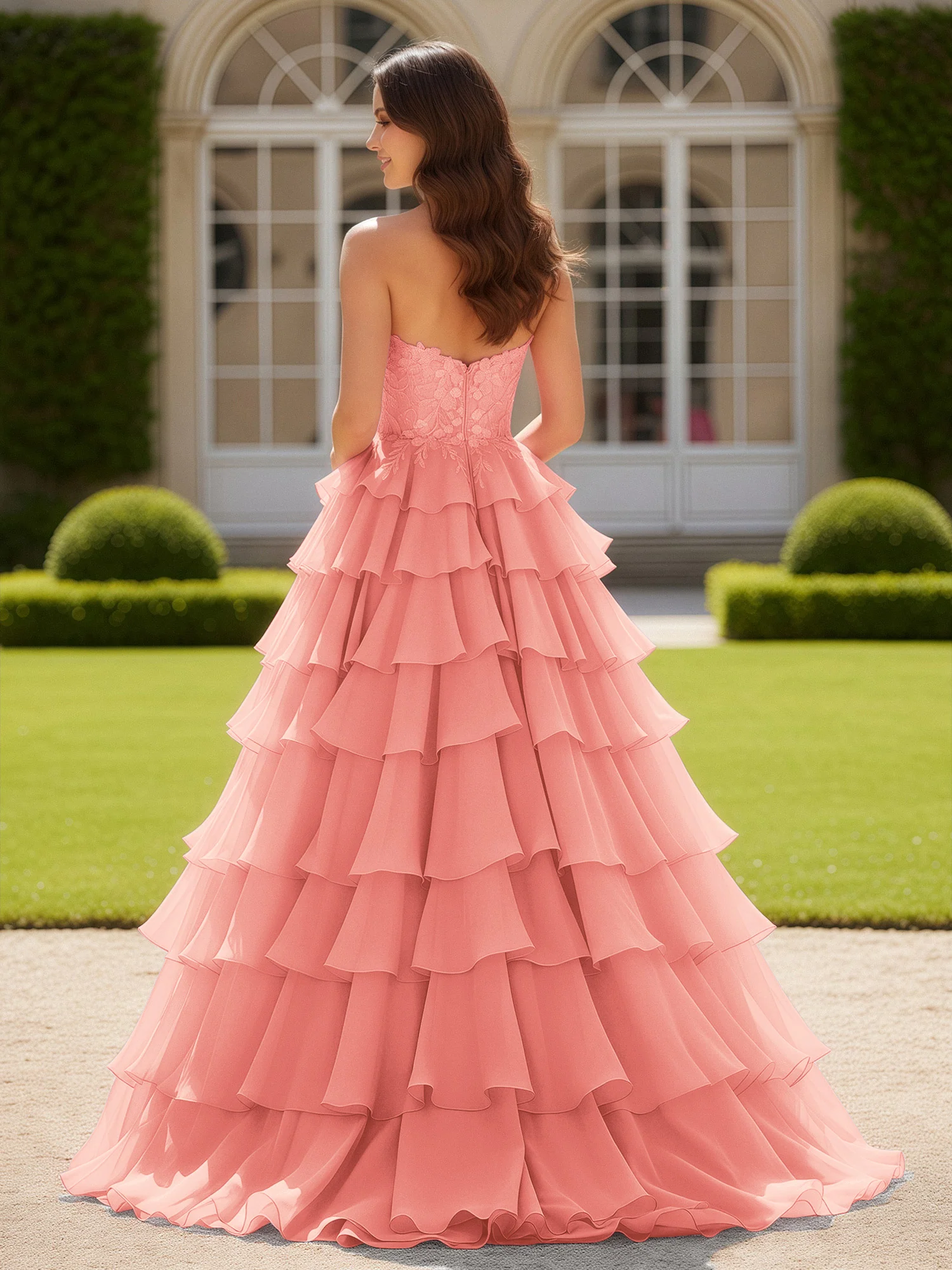 Sweetheart Applique Corset Tiered Chiffon Ball Gown Coral - Image 2