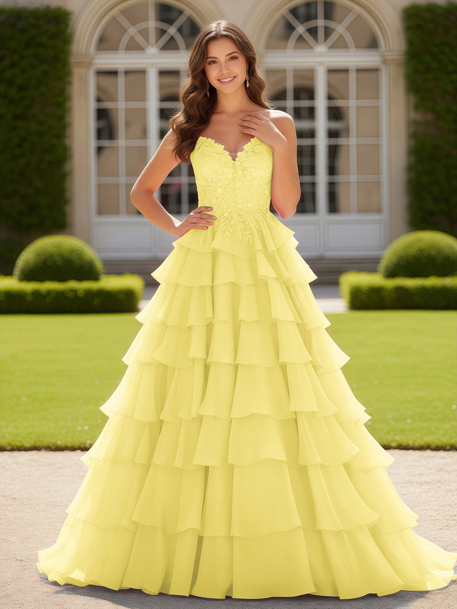 Sweetheart Applique Corset Tiered Chiffon Ball Gown Daffodil