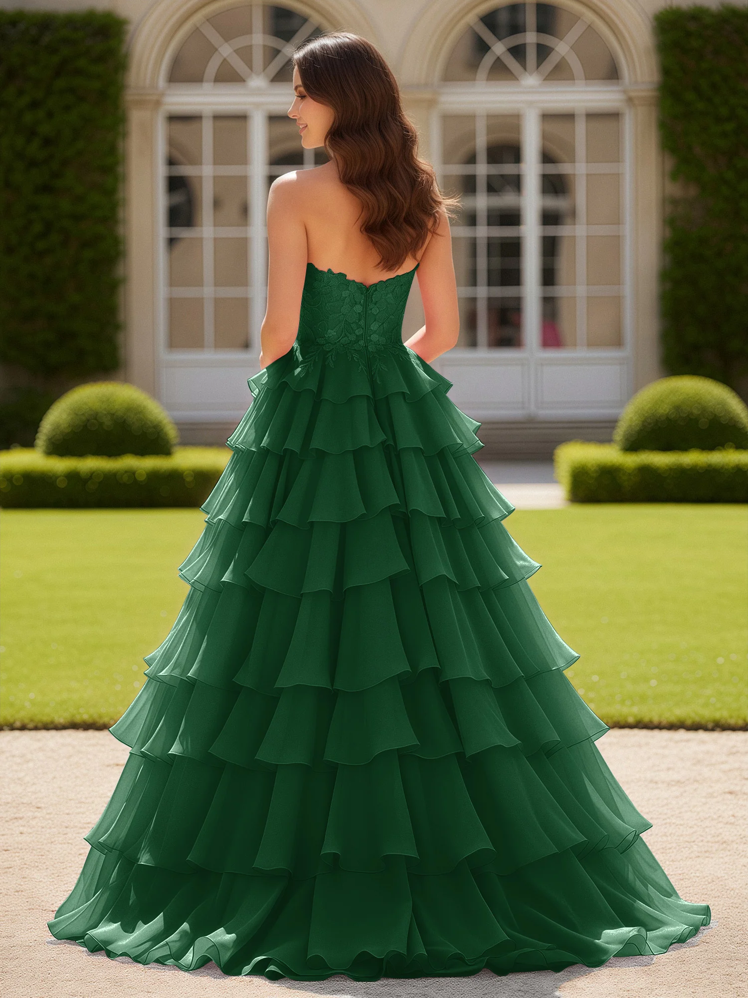 Sweetheart Applique Corset Tiered Chiffon Ball Gown Dark Green - Image 2