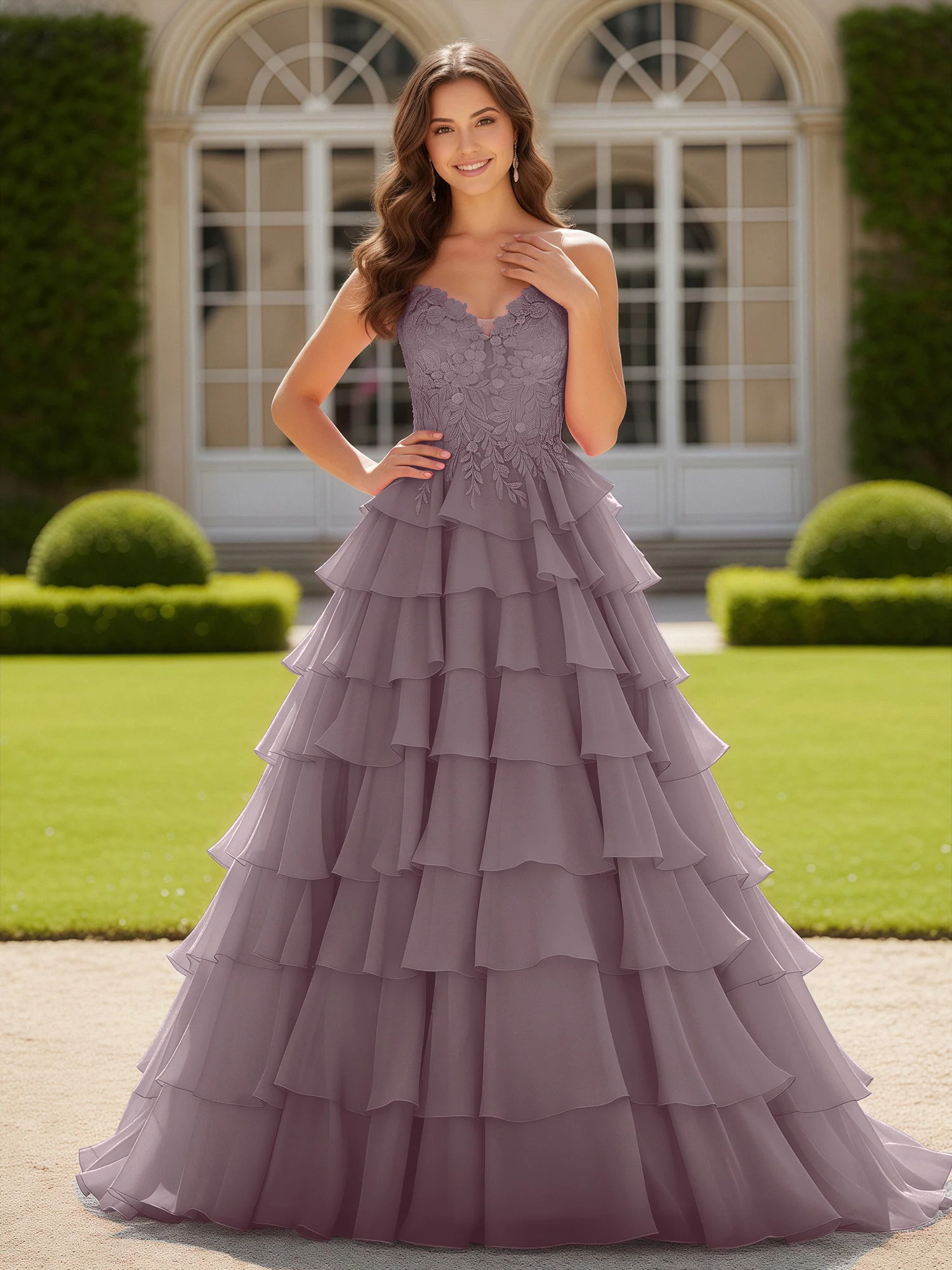 Sweetheart Applique Corset Tiered Chiffon Ball Gown Dusk