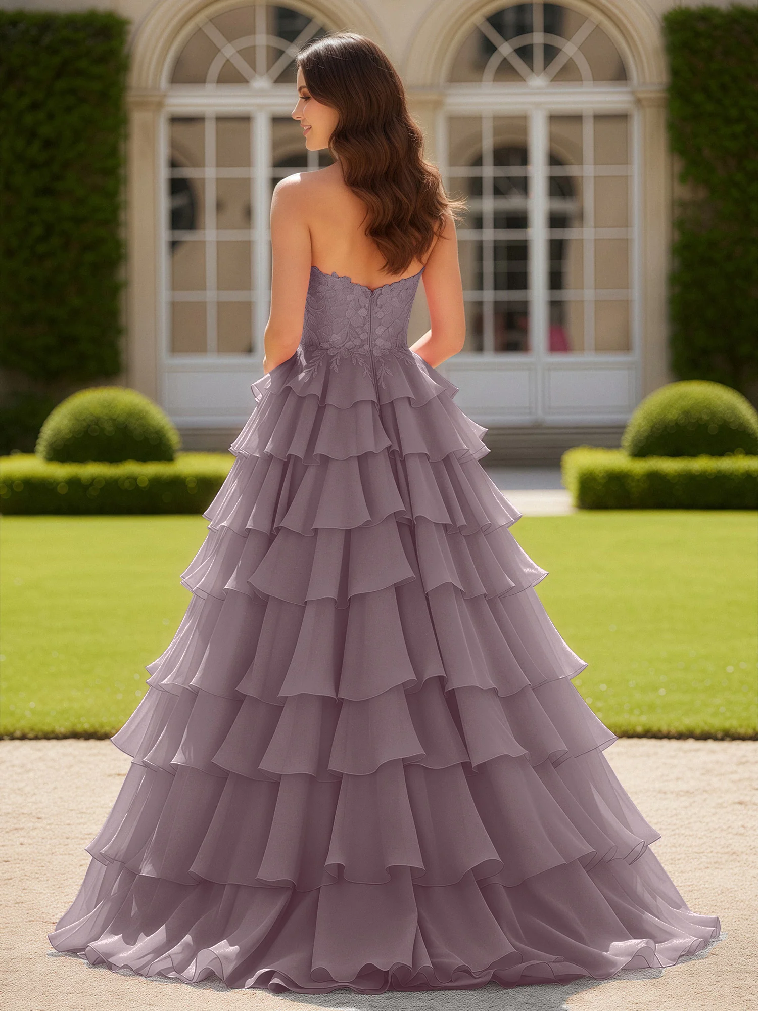 Sweetheart Applique Corset Tiered Chiffon Ball Gown Dusk - Image 2