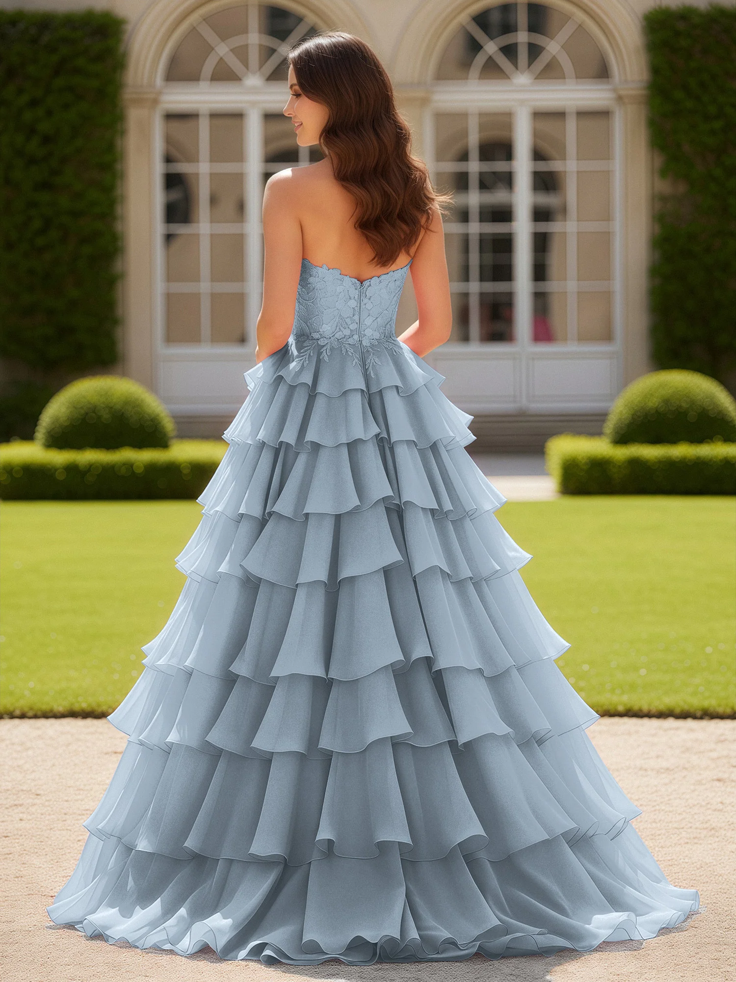 Sweetheart Applique Corset Tiered Chiffon Ball Gown Dusty Blue - Image 2