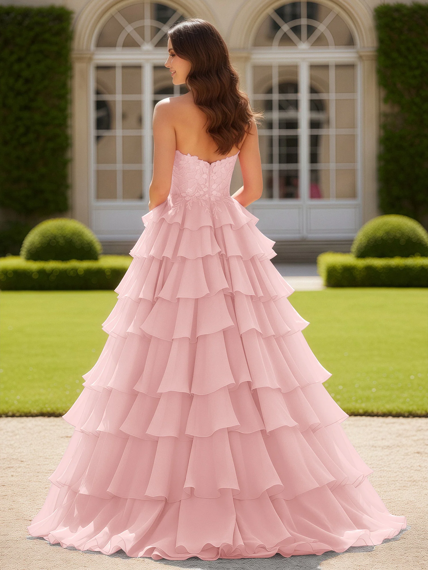 Sweetheart Applique Corset Tiered Chiffon Ball Gown Dusty Rose - Image 2