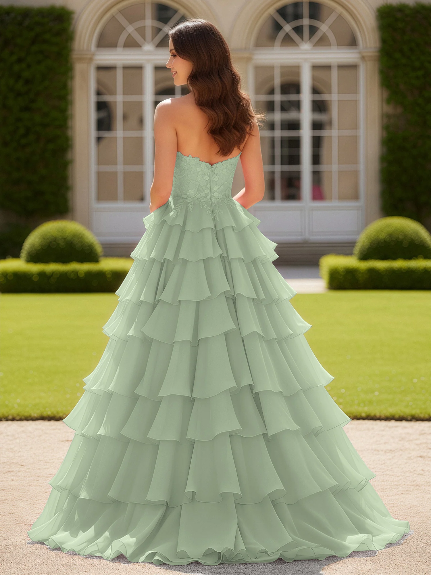 Sweetheart Applique Corset Tiered Chiffon Ball Gown Dusty Sage - Image 2