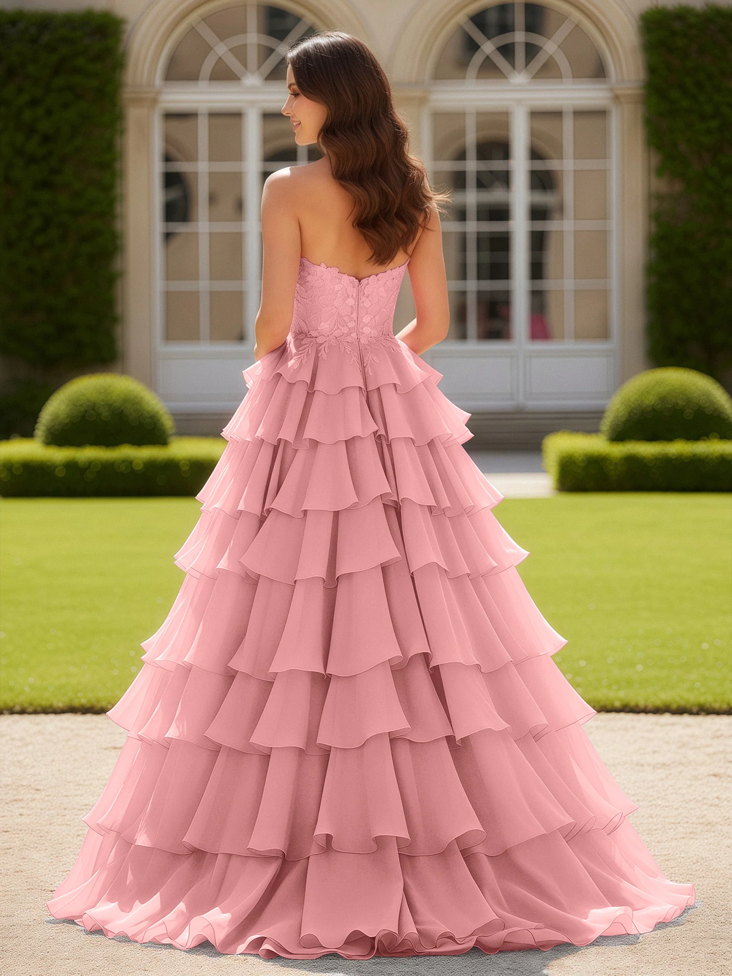 Sweetheart Applique Corset Tiered Chiffon Ball Gown Flamingo - Image 2