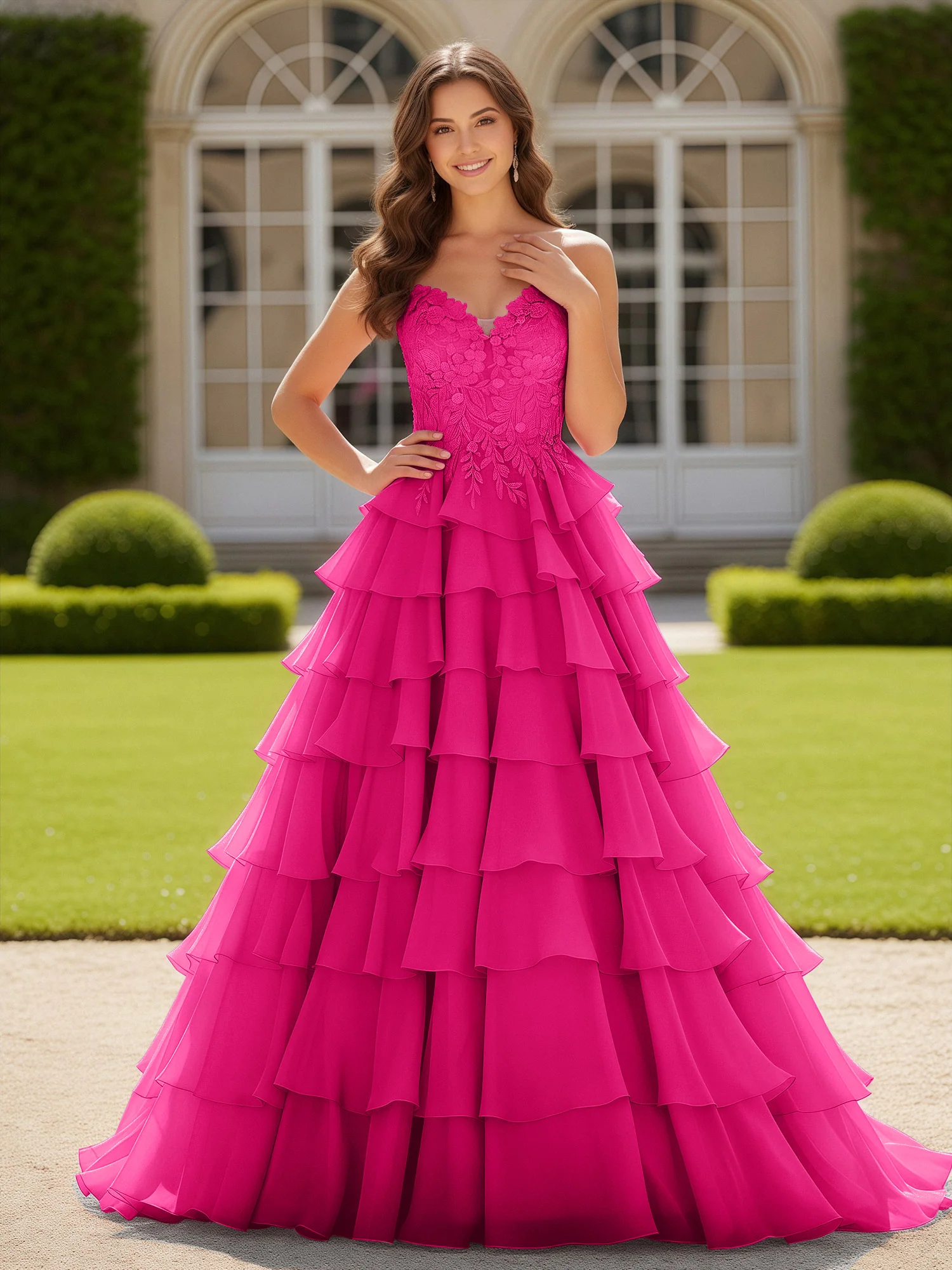 Sweetheart Applique Corset Tiered Chiffon Ball Gown Fuchsia
