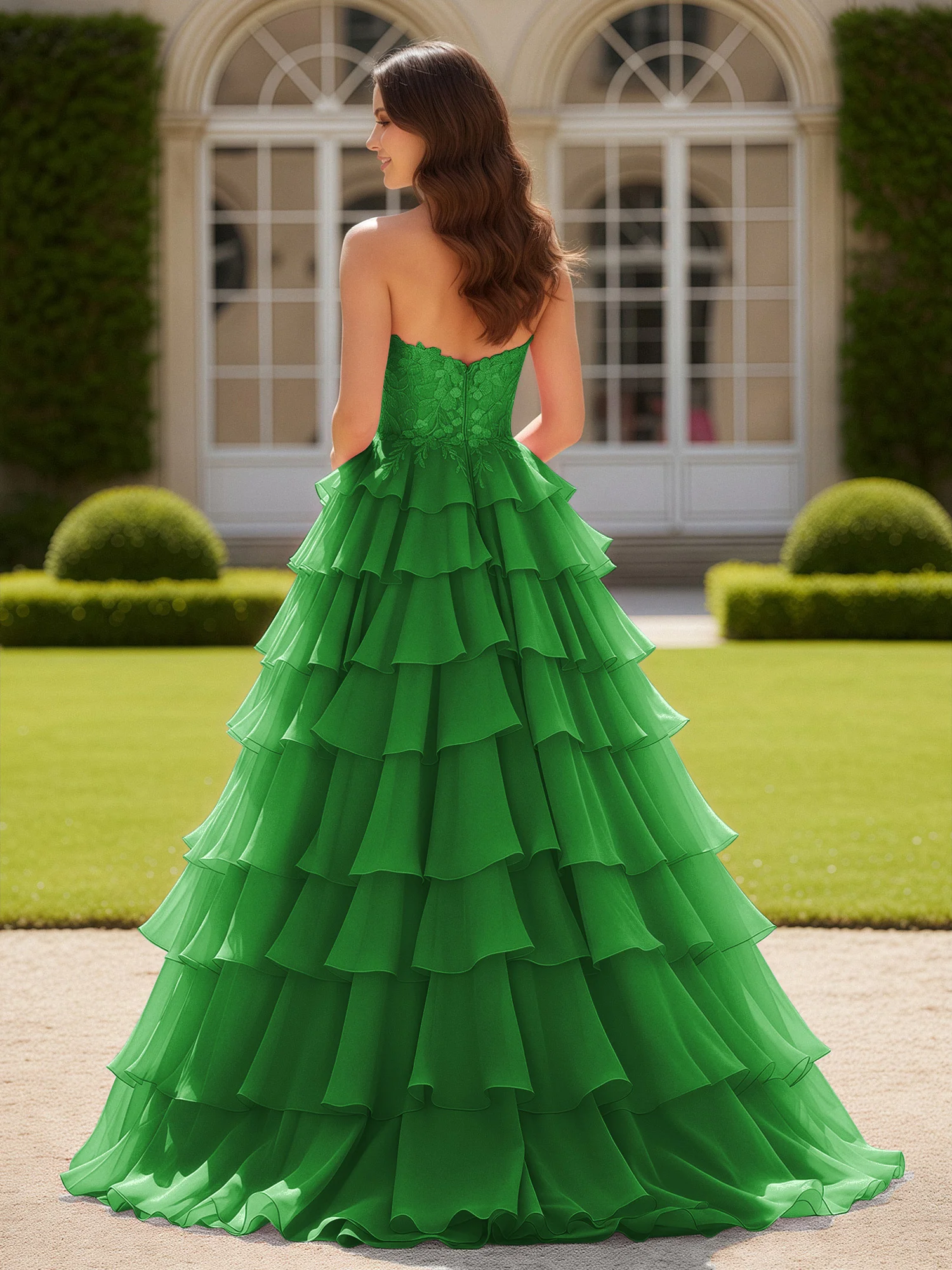 Sweetheart Applique Corset Tiered Chiffon Ball Gown Green - Image 2