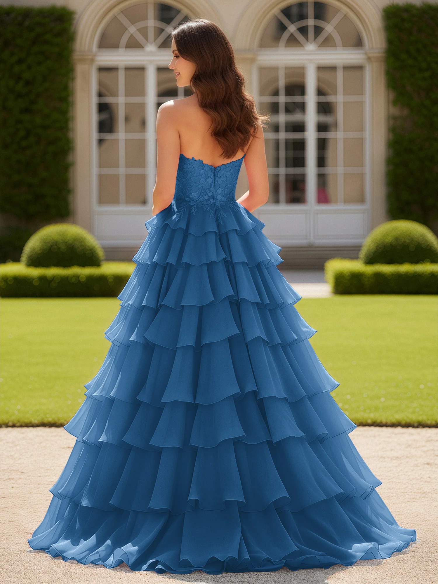 Sweetheart Applique Corset Tiered Chiffon Ball Gown Ink Blue - Image 2