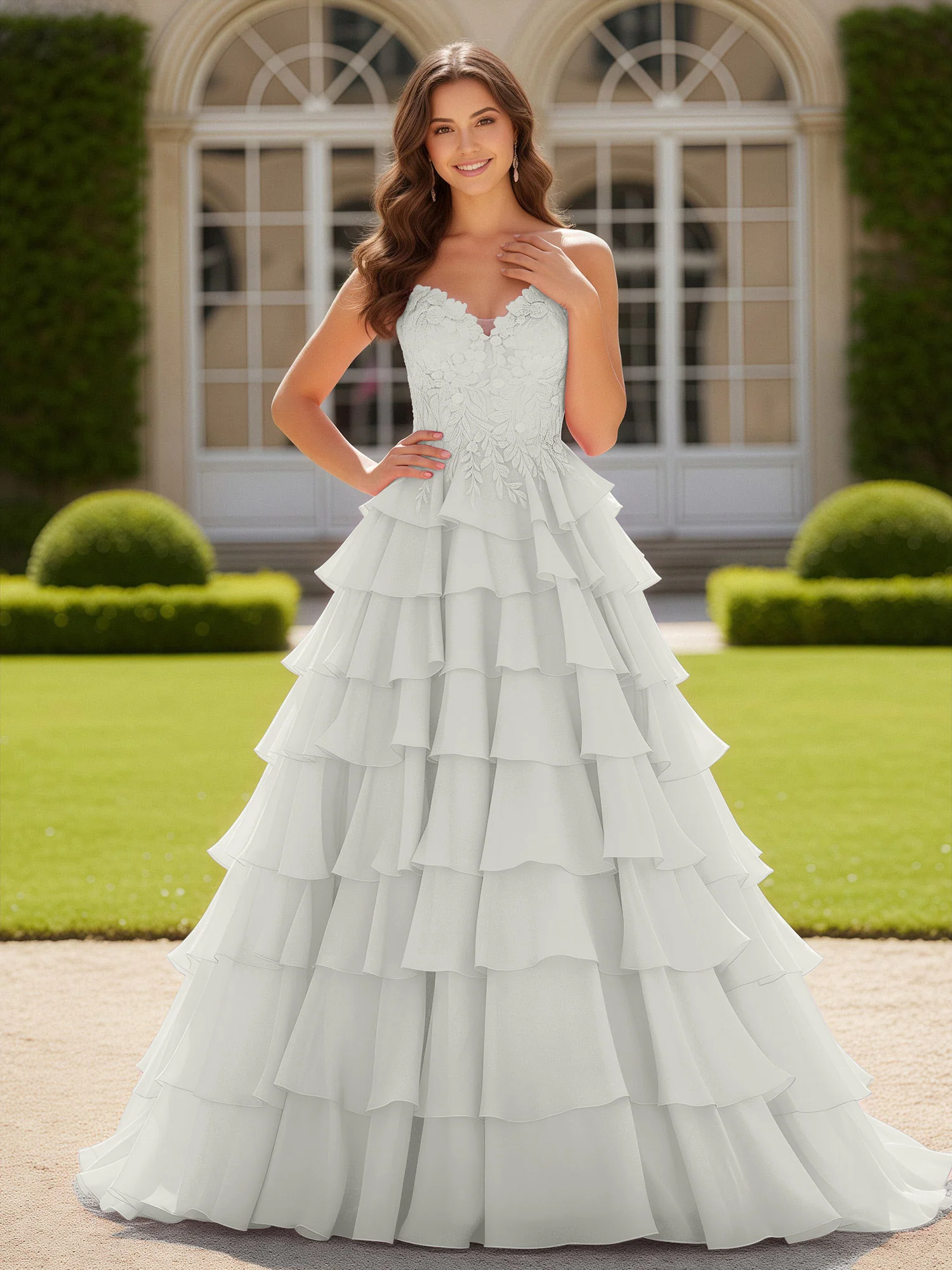 Sweetheart Applique Corset Tiered Chiffon Ball Gown Ivory