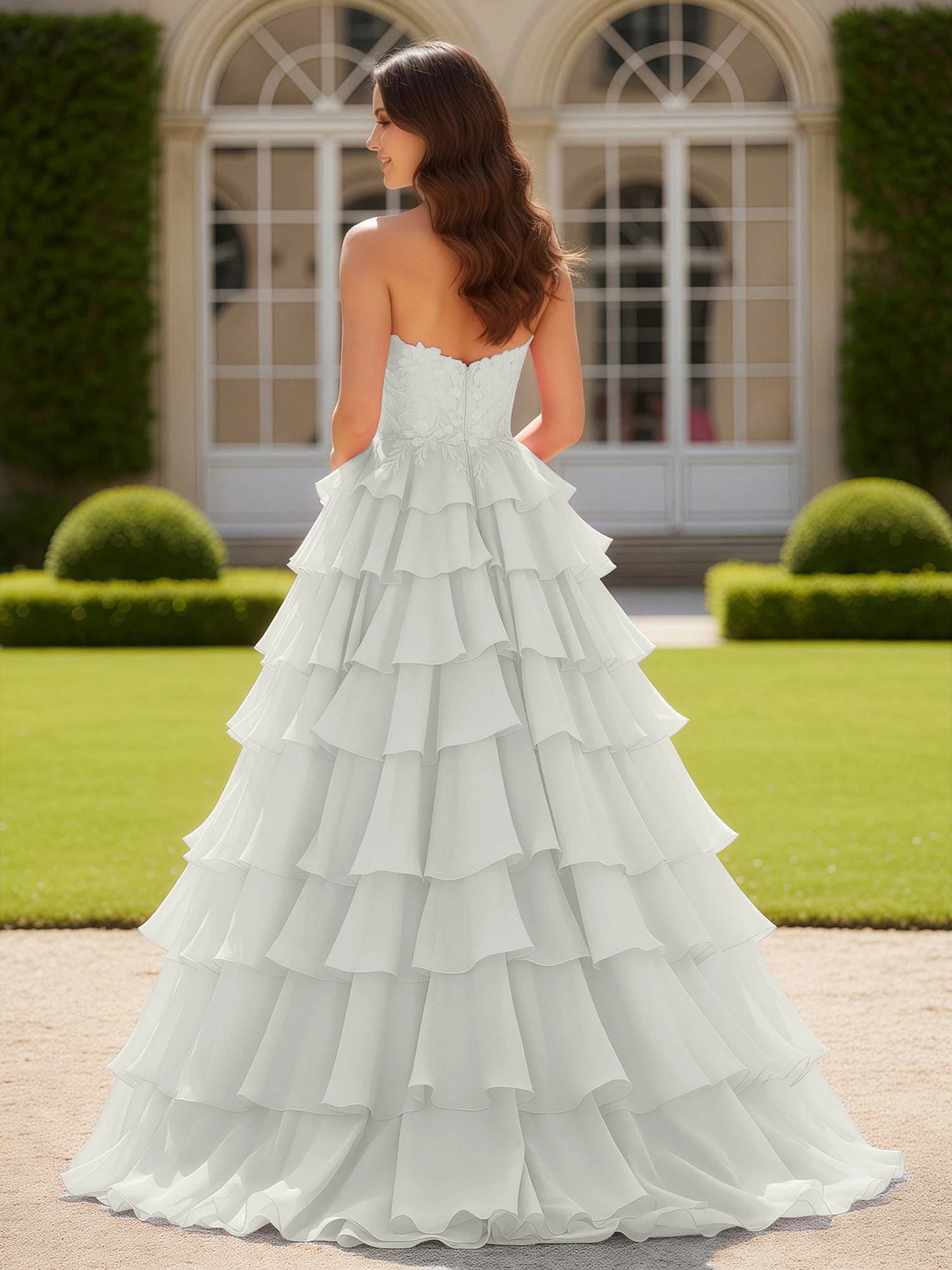 Sweetheart Applique Corset Tiered Chiffon Ball Gown Ivory - Image 2